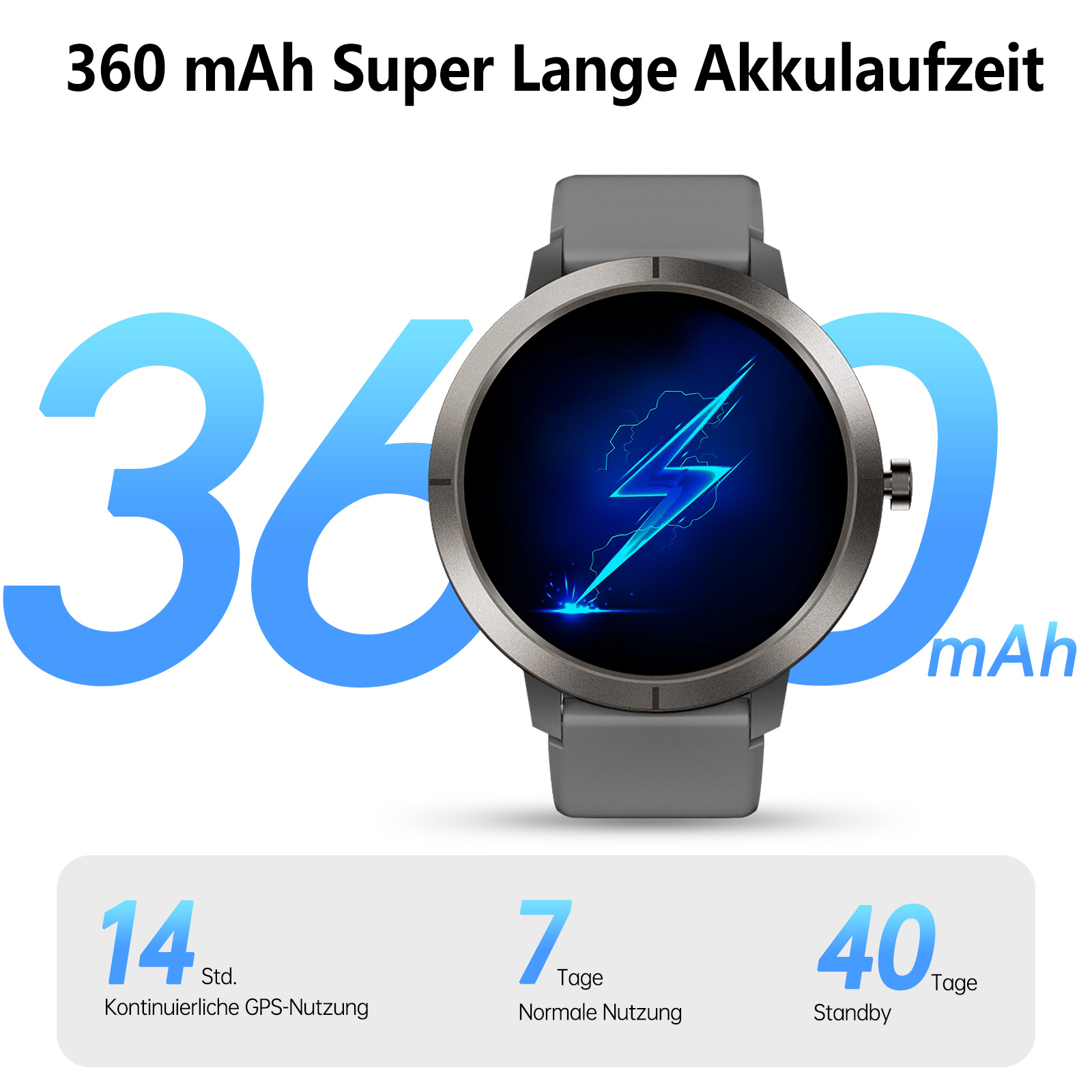 Eine Smartwatch mit grauem Rahmen und Armband, die einen blauen Blitz auf dem Bildschirm zeigt. Text zeigt Akkulaufzeitdetails.