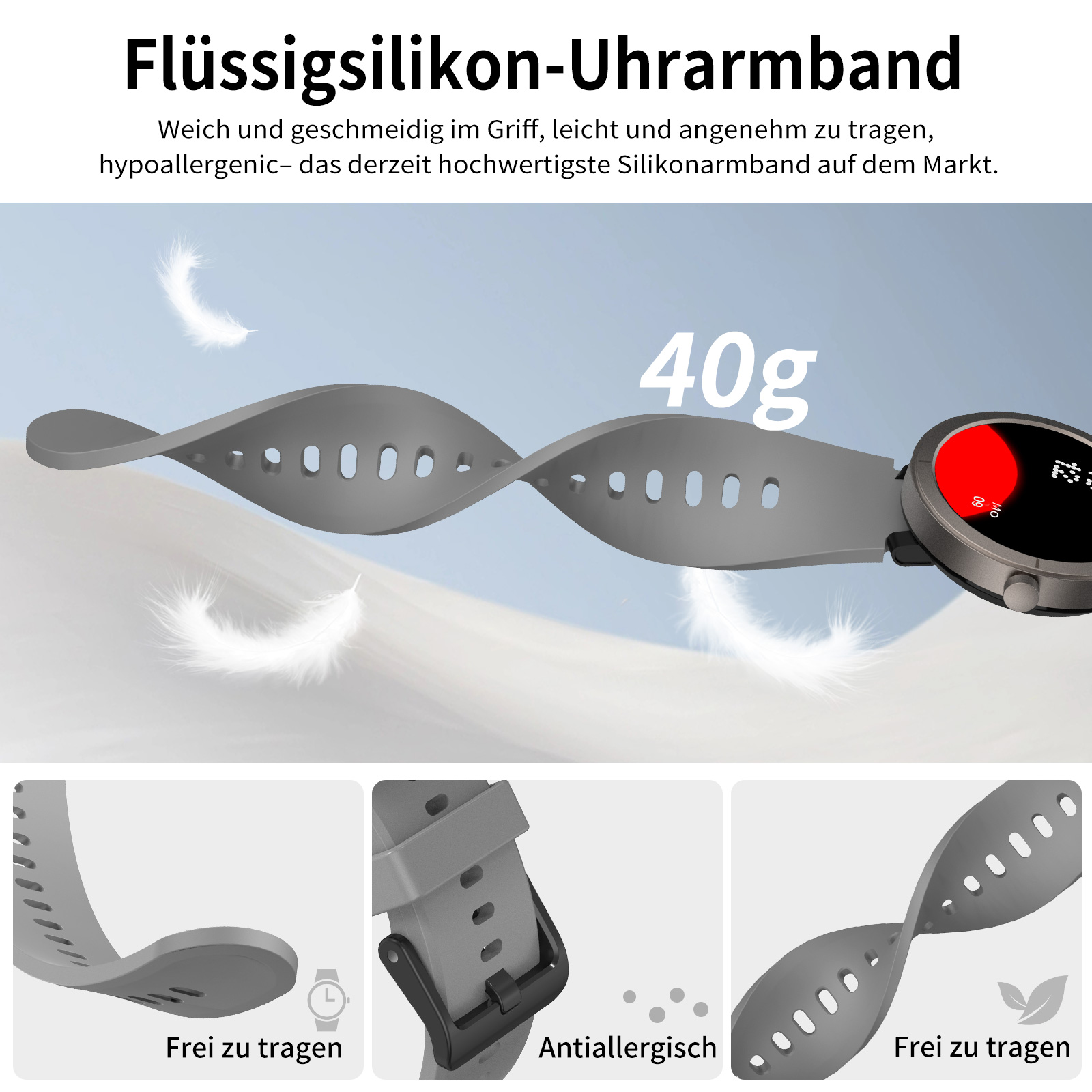 Graues Silikon-Uhrenarmband mit Ziffernblatt, Federn im Hintergrund und Text. Das Band ist flexibel und leicht.