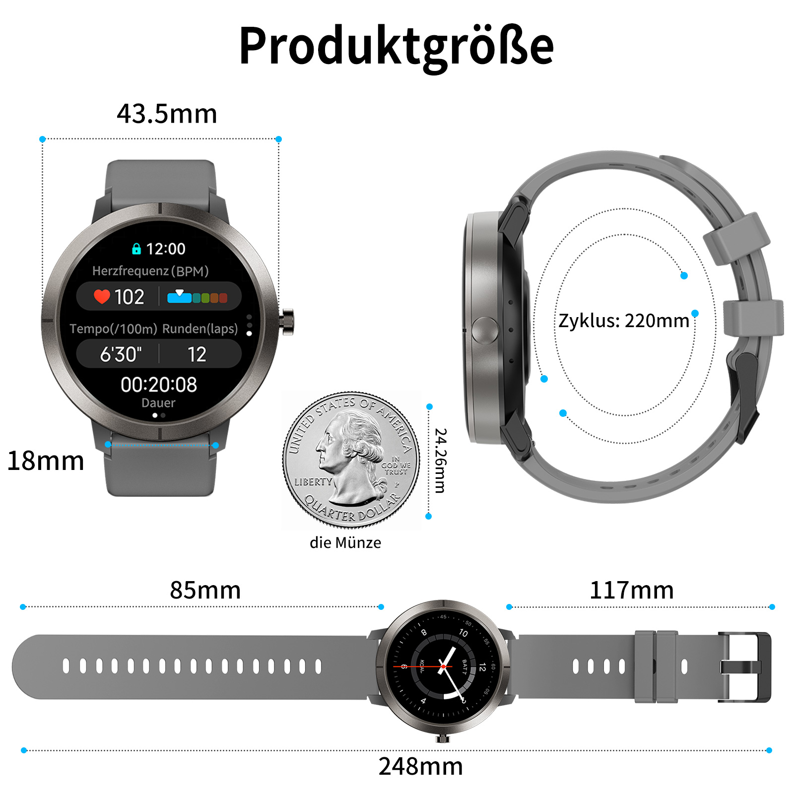 Eine Smartwatch wird mit Messungen angezeigt. Ein Viertel wird zur Maßstabsbestimmung gezeigt. Der Bildschirm zeigt Zeit und Gesundheitsmetriken.