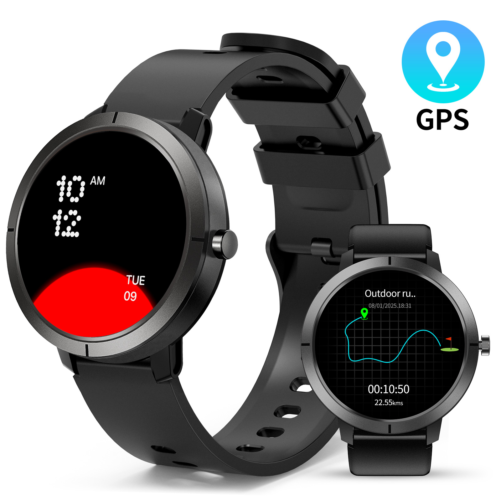 Zwei schwarze Smartwatches zeigen Zeit und Fitnessdaten. Eine zeigt die Zeit, die andere eine Laufstrecke mit GPS-Symbol.