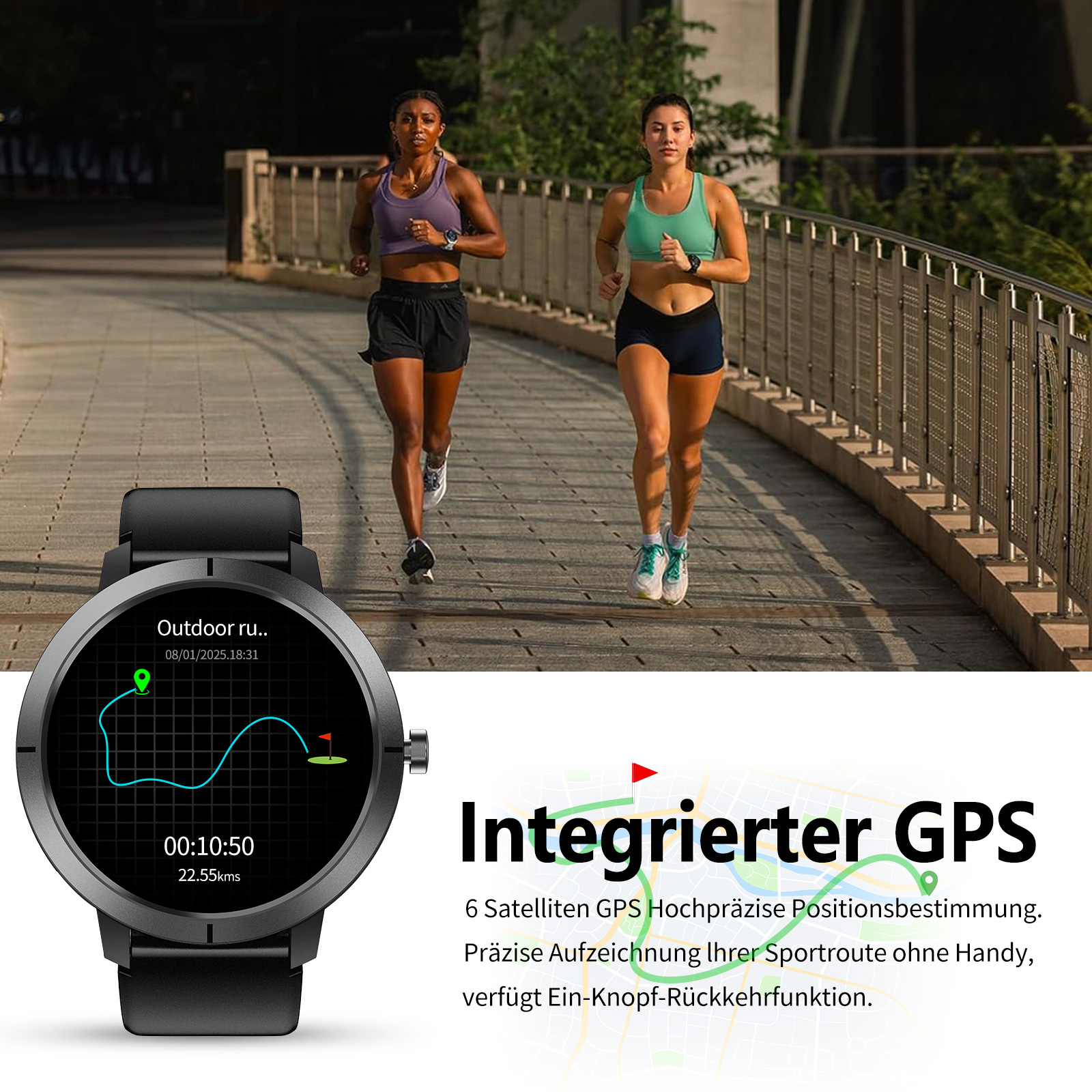 Zwei Frauen laufen auf einer Brücke in Sportkleidung. Eine Smartwatch zeigt Laufdaten. Text: 'Integrierter GPS'.