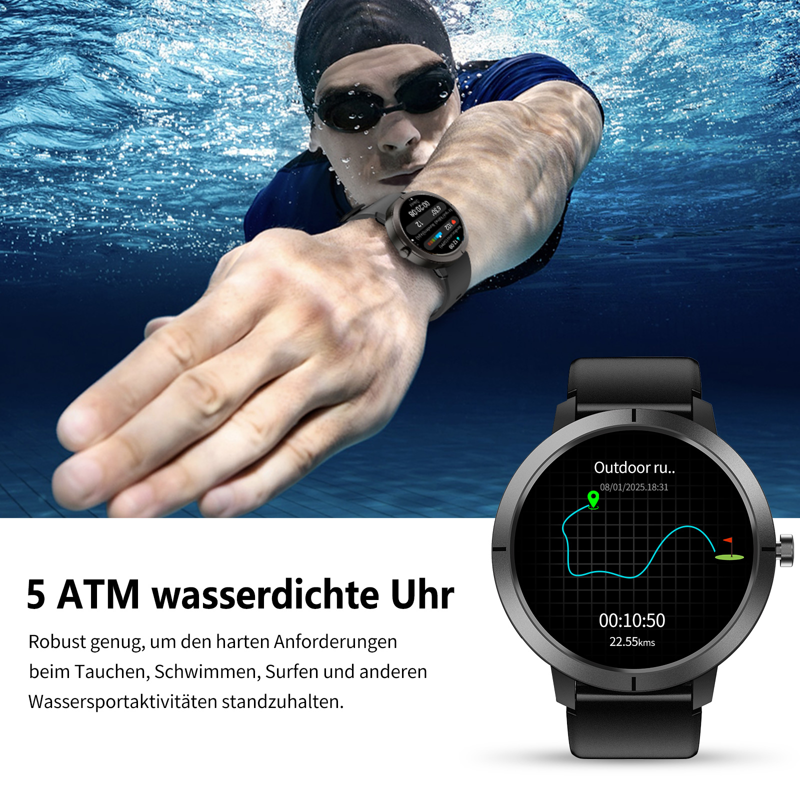 Ein Schwimmer unter Wasser mit einer Smartwatch, die Daten anzeigt. Die Uhr ist schwarz mit rundem Zifferblatt. Der Schwimmer trägt eine Brille.