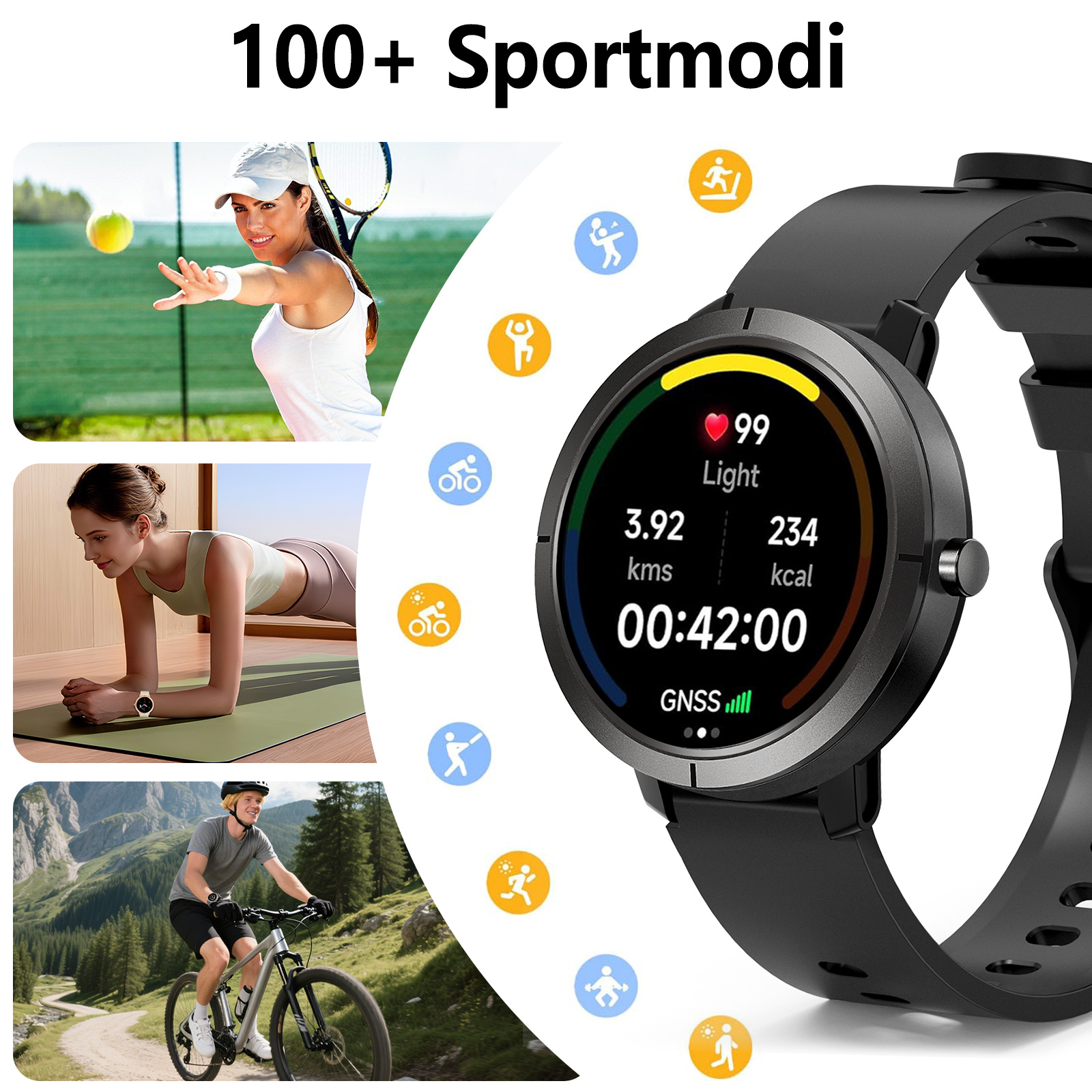 Das Bild zeigt eine Smartwatch mit Fitnessdaten, mit Bildern von Sportarten wie Tennis, Plank und Radfahren. Der Text lautet '100+ Sportmodi'.