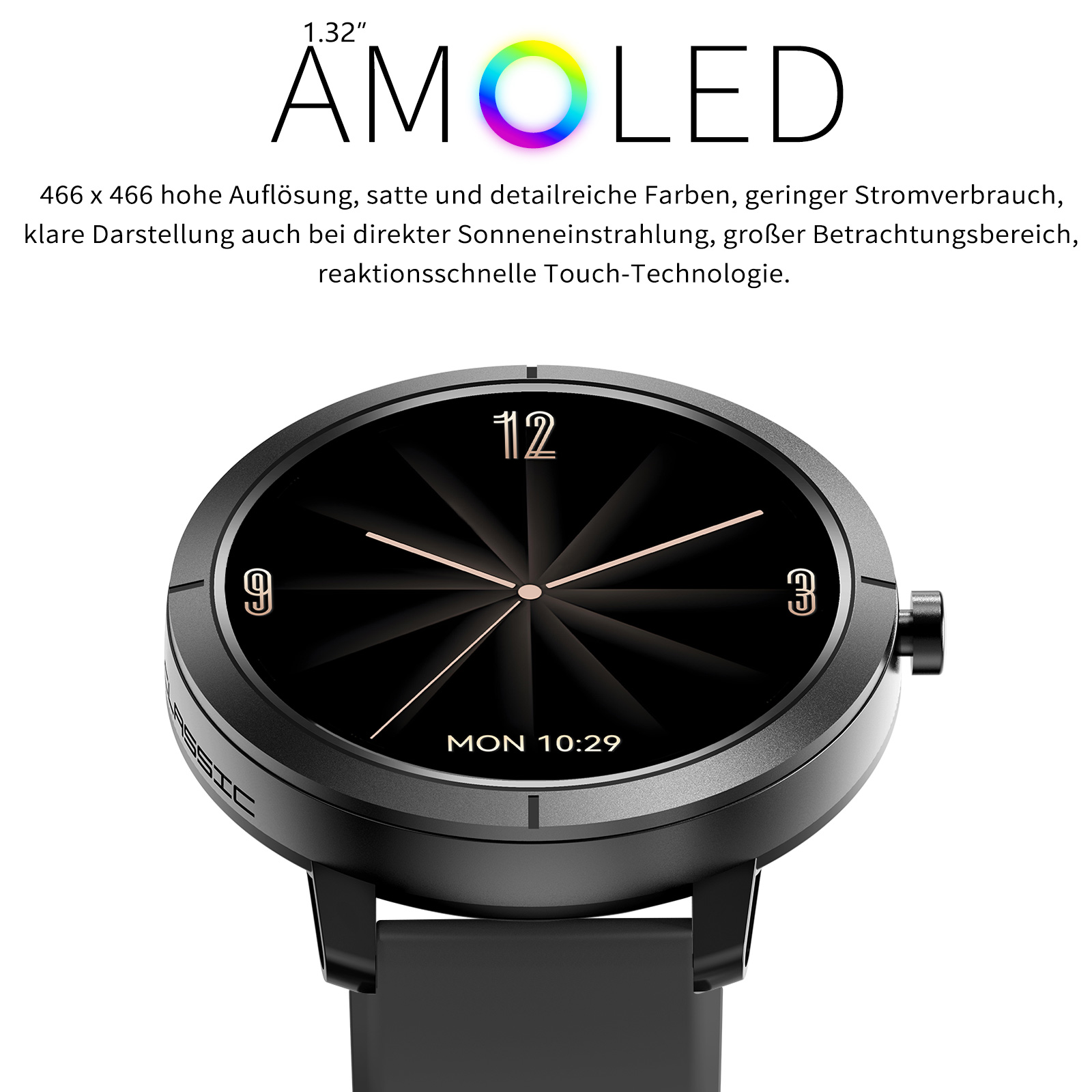 Eine schwarze Smartwatch mit rundem Zifferblatt. Sie zeigt die Uhrzeit an und hat ein schwarzes Armband. 'AMOLED' steht oben.