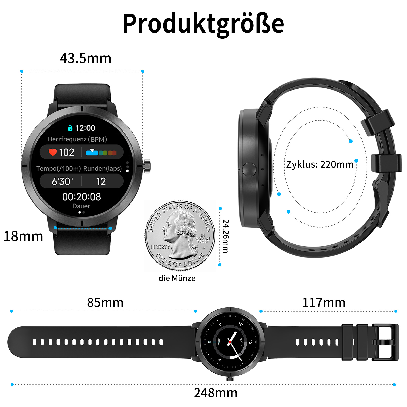 Eine schwarze Smartwatch mit Messungen. Zeigt Uhrzeit, Herzfrequenz und Rundenzeiten. Eine Viertelmünze ist auch gezeigt.