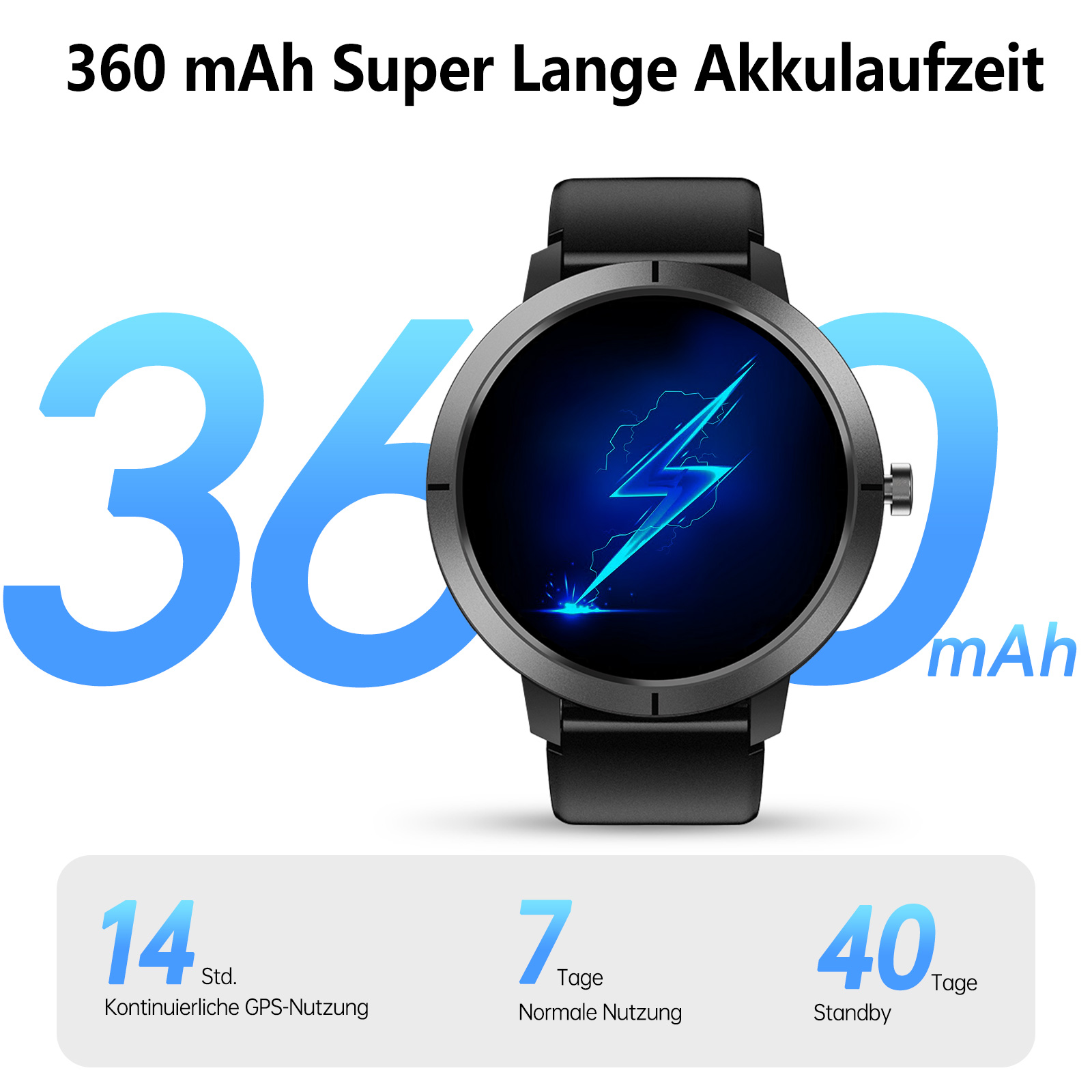 Schwarze Smartwatch mit Blitz-Symbol auf dem Bildschirm. Akkulaufzeit: 14 Tage GPS, 7 Tage normal, 40 Tage Standby.