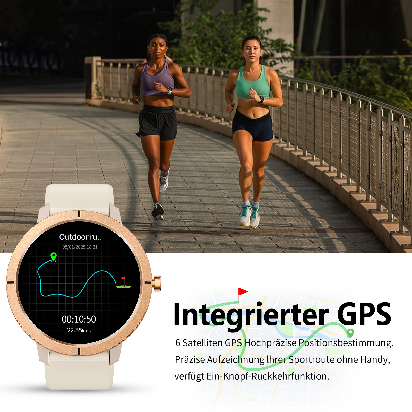 Zwei Frauen rennen auf einer Brücke. Eine trägt ein lila Top, die andere ein grünes Top. Eine Uhr zeigt eine Routenkarte und Daten.