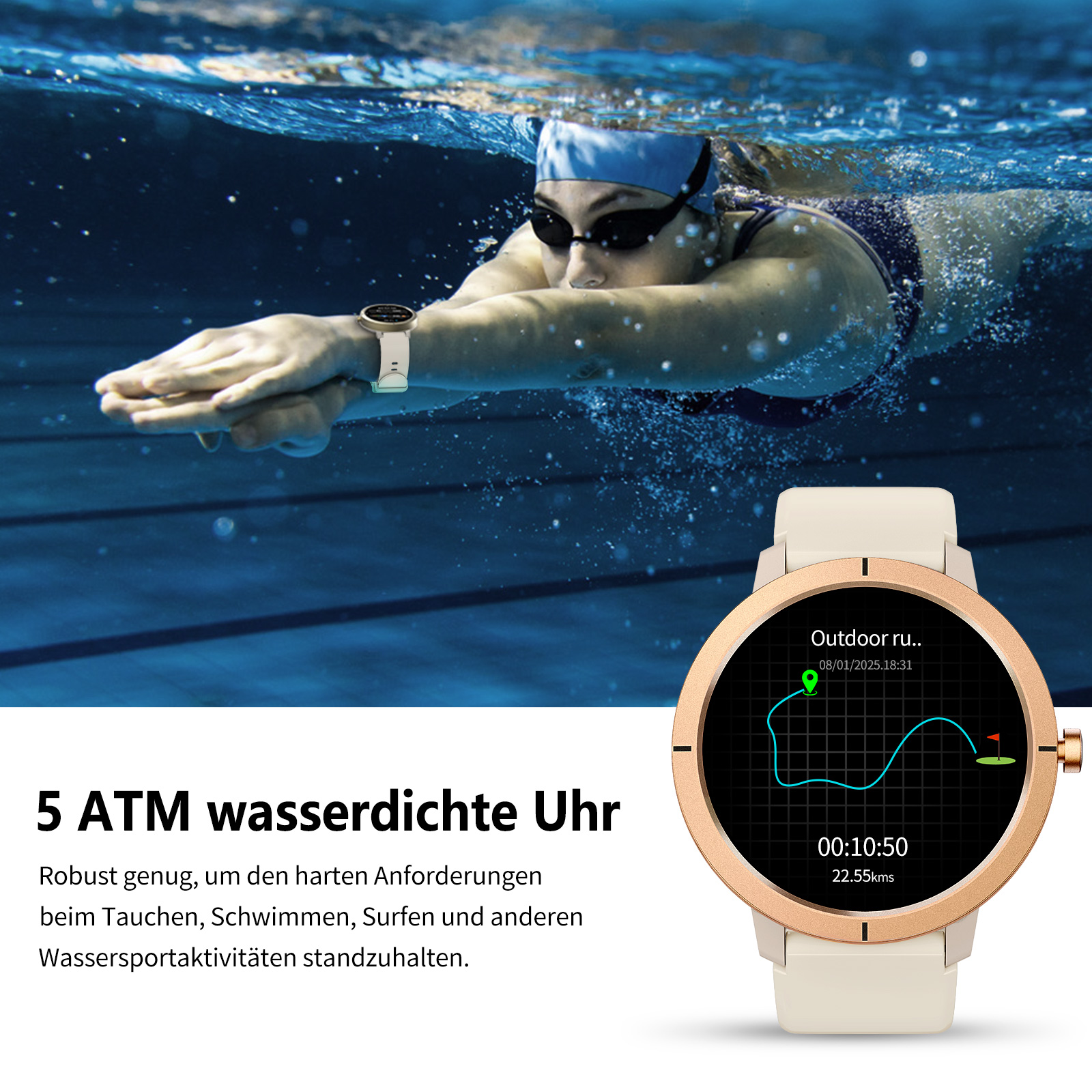 Ein Schwimmer unter Wasser mit Smartwatch. Die Uhr zeigt Aktivitätsdaten an. Text: 5 ATM wasserdichte Uhr.