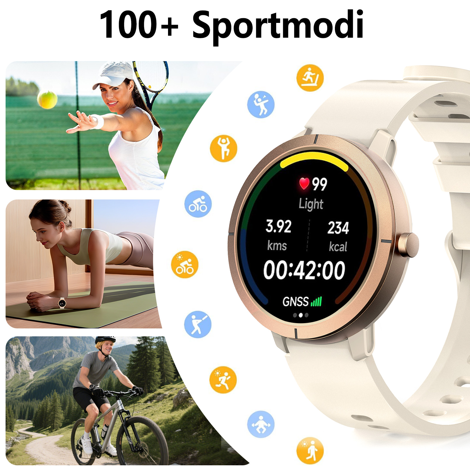 Eine Fitnessuhr zeigt Statistiken. Sie zeigt Herzfrequenz, Distanz und Kalorien an. Sport-Icons umgeben die Uhr. Menschen werden beim Sport gezeigt.