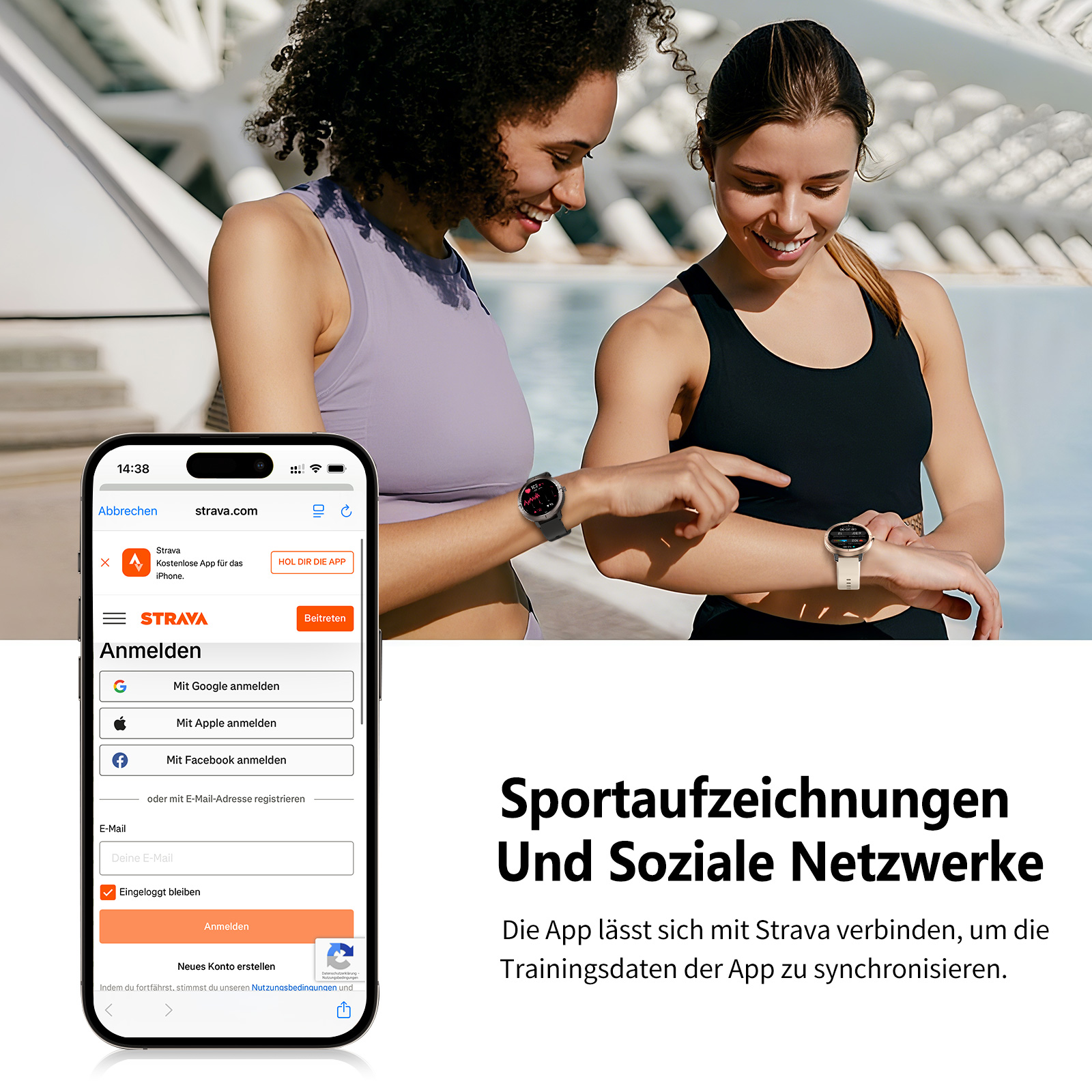 Zwei Frauen mit Smartwatches, eine zeigt auf die Uhr. Telefon zeigt Strava-App-Oberfläche. Text: Sportaufzeichnungen und soziale Netzwerke.