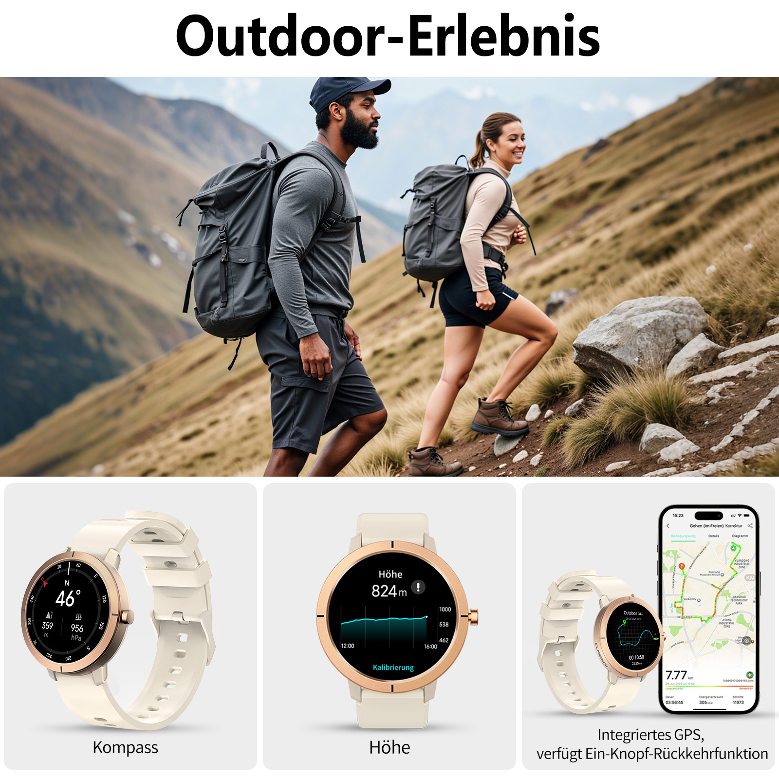 Ein Mann und eine Frau wandern mit Rucksäcken einen Berg hinauf. Unten sind Bilder einer Uhr mit Kompass-, Höhen- und GPS-Daten.