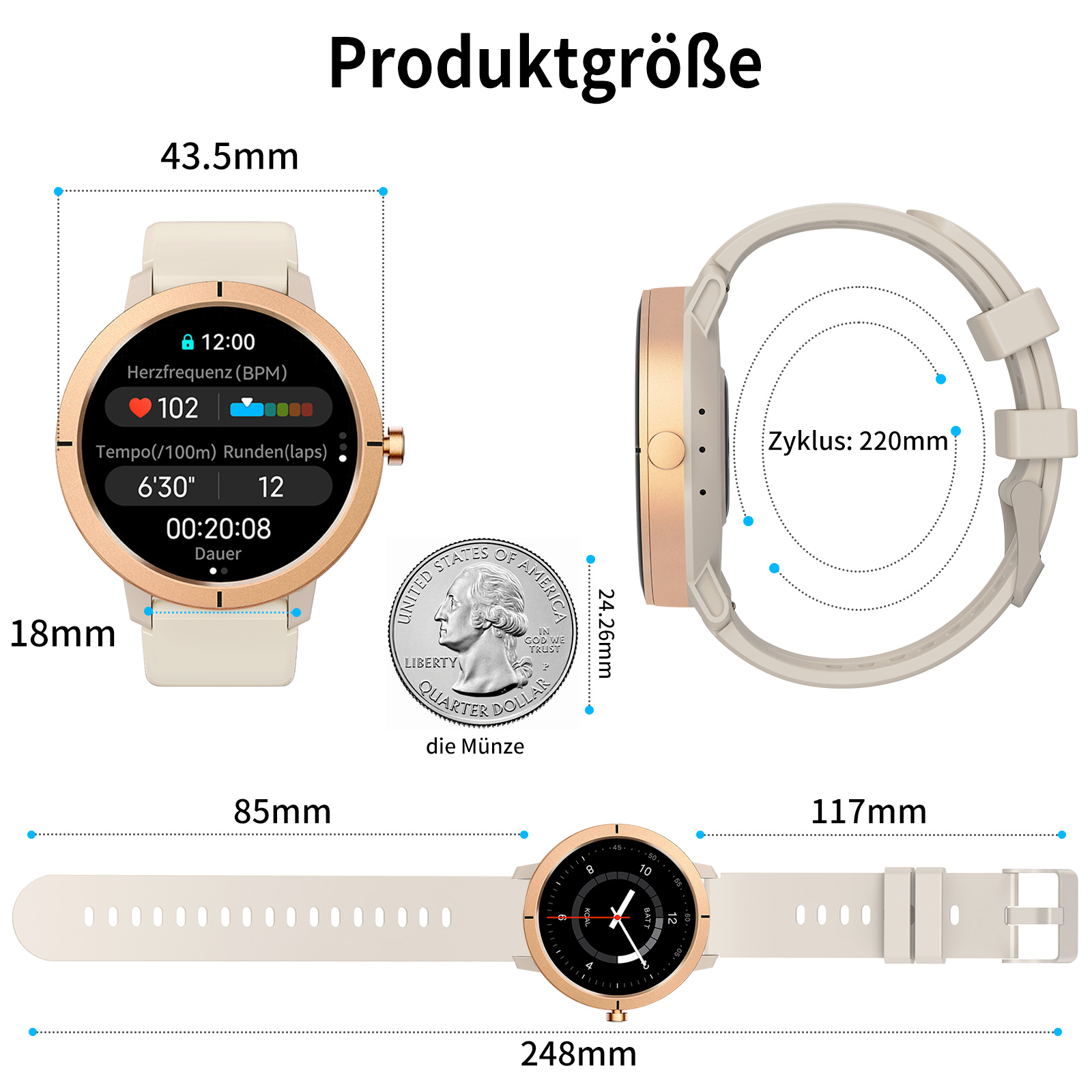 Diagramm einer Smartwatch mit Abmessungen. Es zeigt das Zifferblatt, die Seitenansicht und das Armband. Ein Vierteldollar ist auch abgebildet.