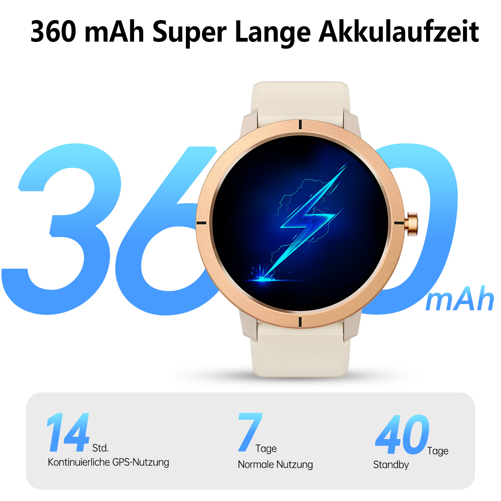 Eine Smartwatch mit blauem Bildschirm und Blitz. Werte: 14 Tage GPS, 7 Tage normal, 40 Tage Standby.