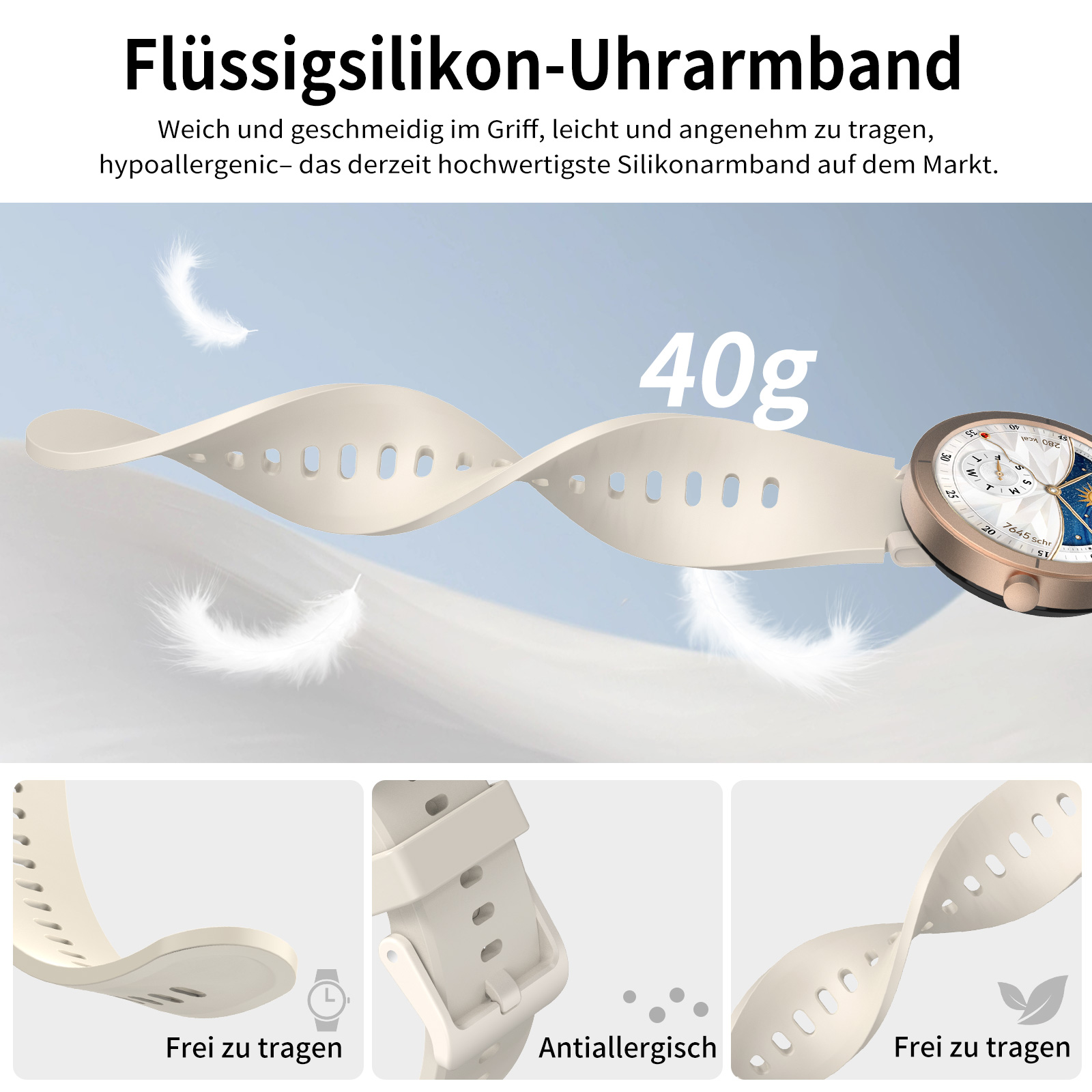 Ein Uhrenarmband aus Flüssigsilikon. Der Hintergrund hat Federn und das Zifferblatt ist sichtbar.