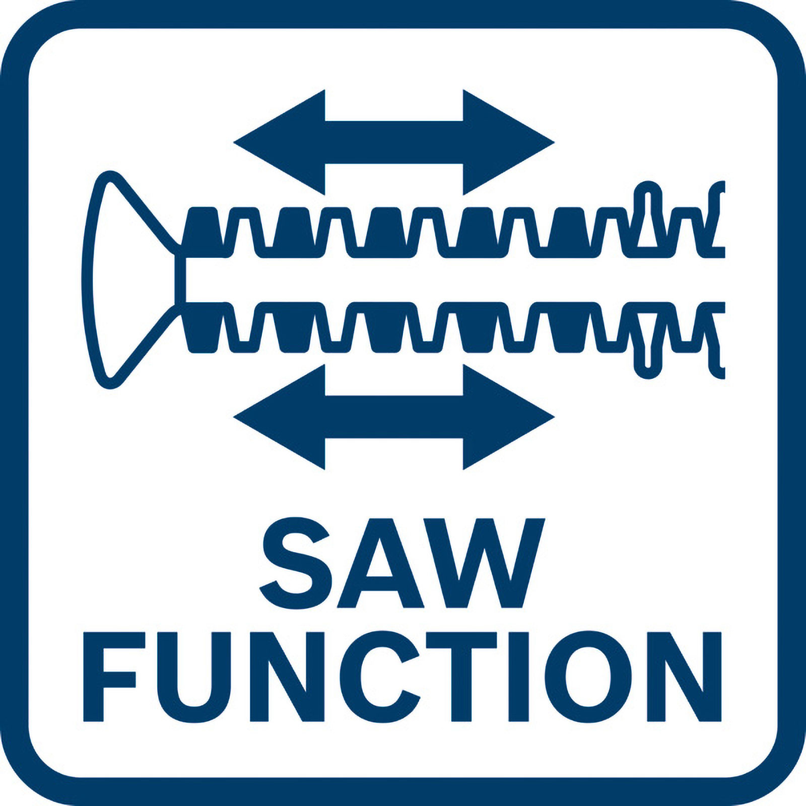 Carré bleu avec symbole de scie. Flèches gauche et droite au-dessus des lames. Texte : 'SAW FUNCTION'.
