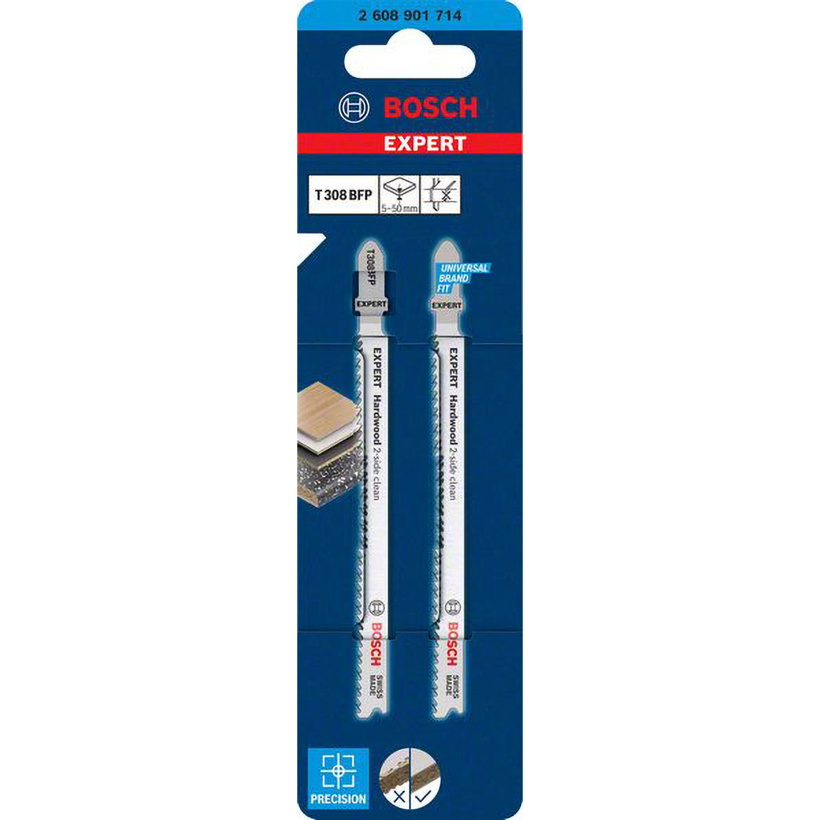 Eine Bosch Expert T308 BFP-Klingenpackung. Sie zeigt die Klinge, Hartholzdetails und das Bosch-Logo, was auf Swiss Made hinweist.