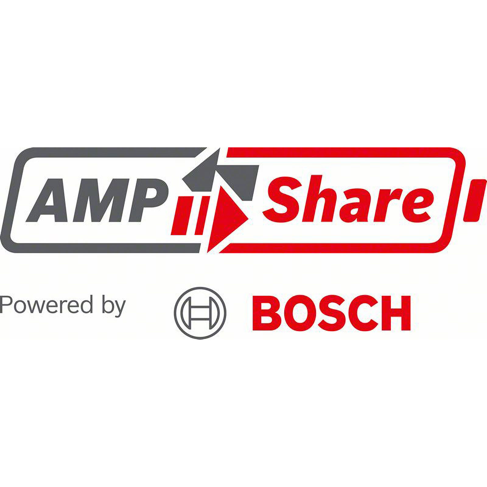 Logo mit Text "AMP Share" und einem roten Pfeil, "Powered by" und dem Bosch-Logo in Rot.