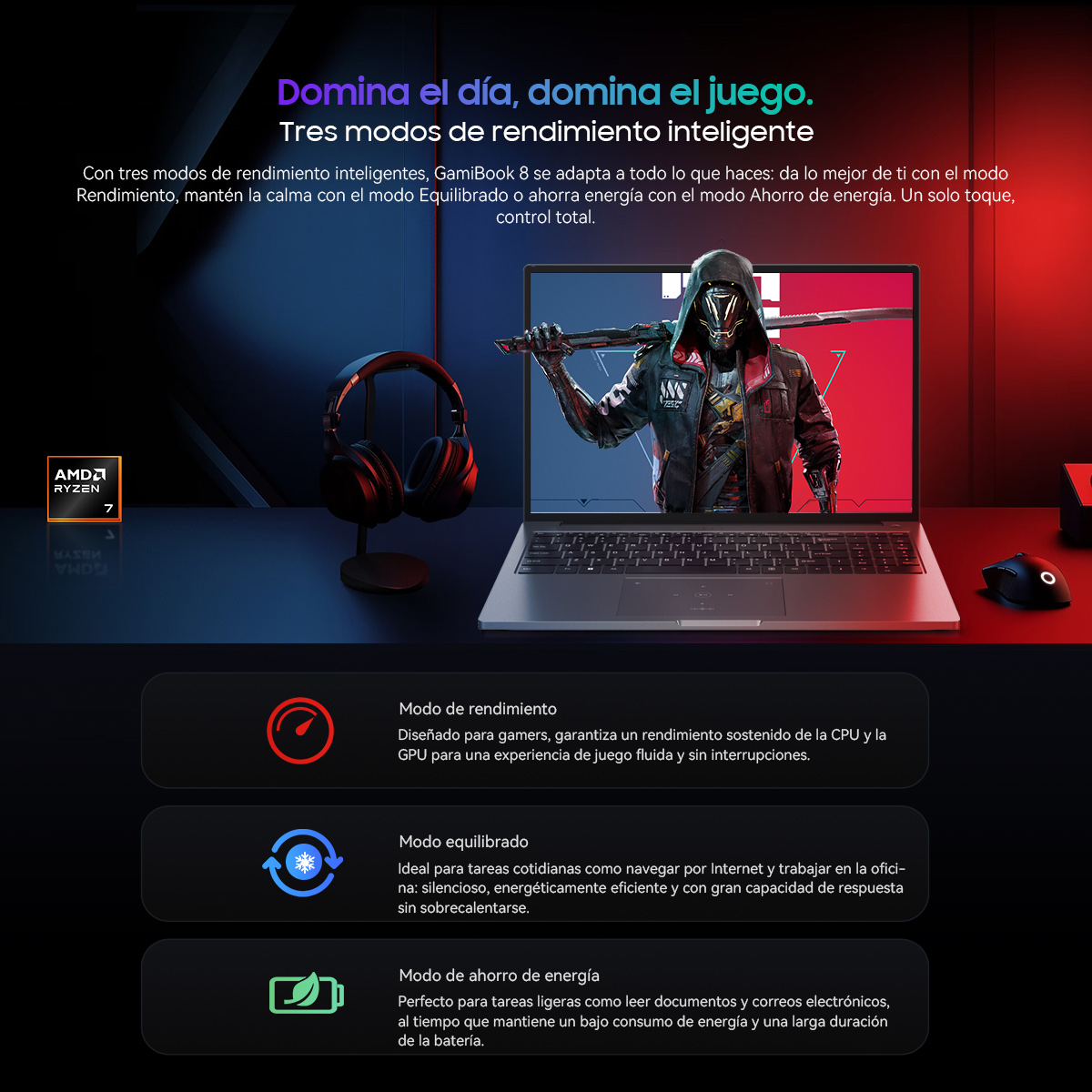 Portátil con personaje de juego en pantalla, auriculares y tres modos de rendimiento: rendimiento, equilibrado y ahorro.