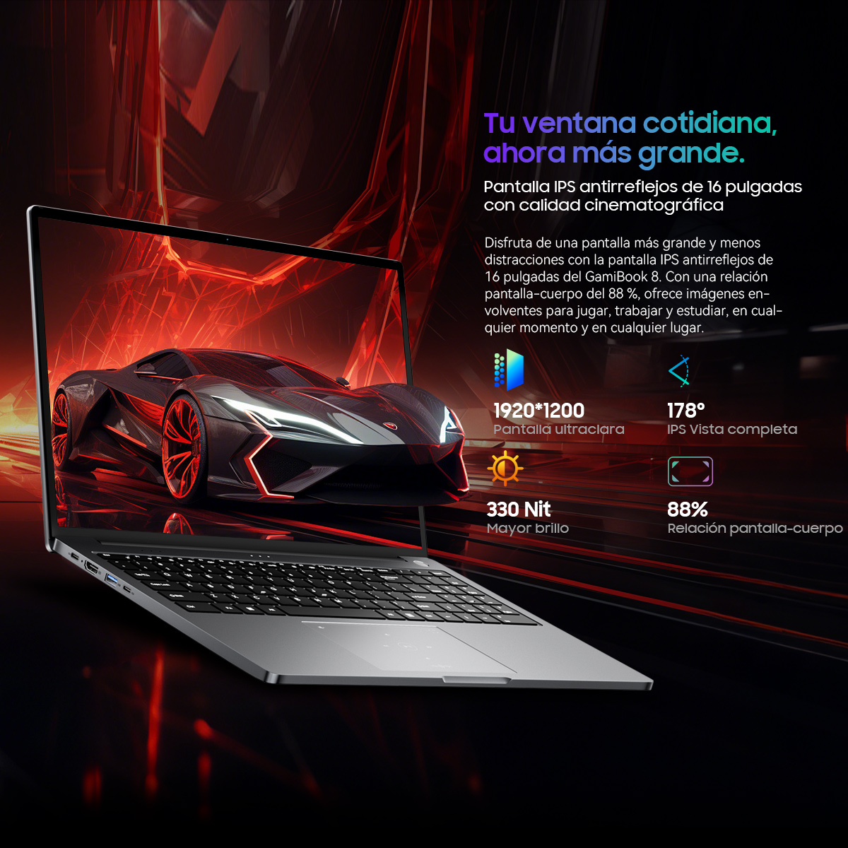 Laptop mostrando un coche rojo sobre un fondo rojo. Tiene especificaciones como 1920*1200, 178°, 330 Nit y 88% de relación de pantalla.