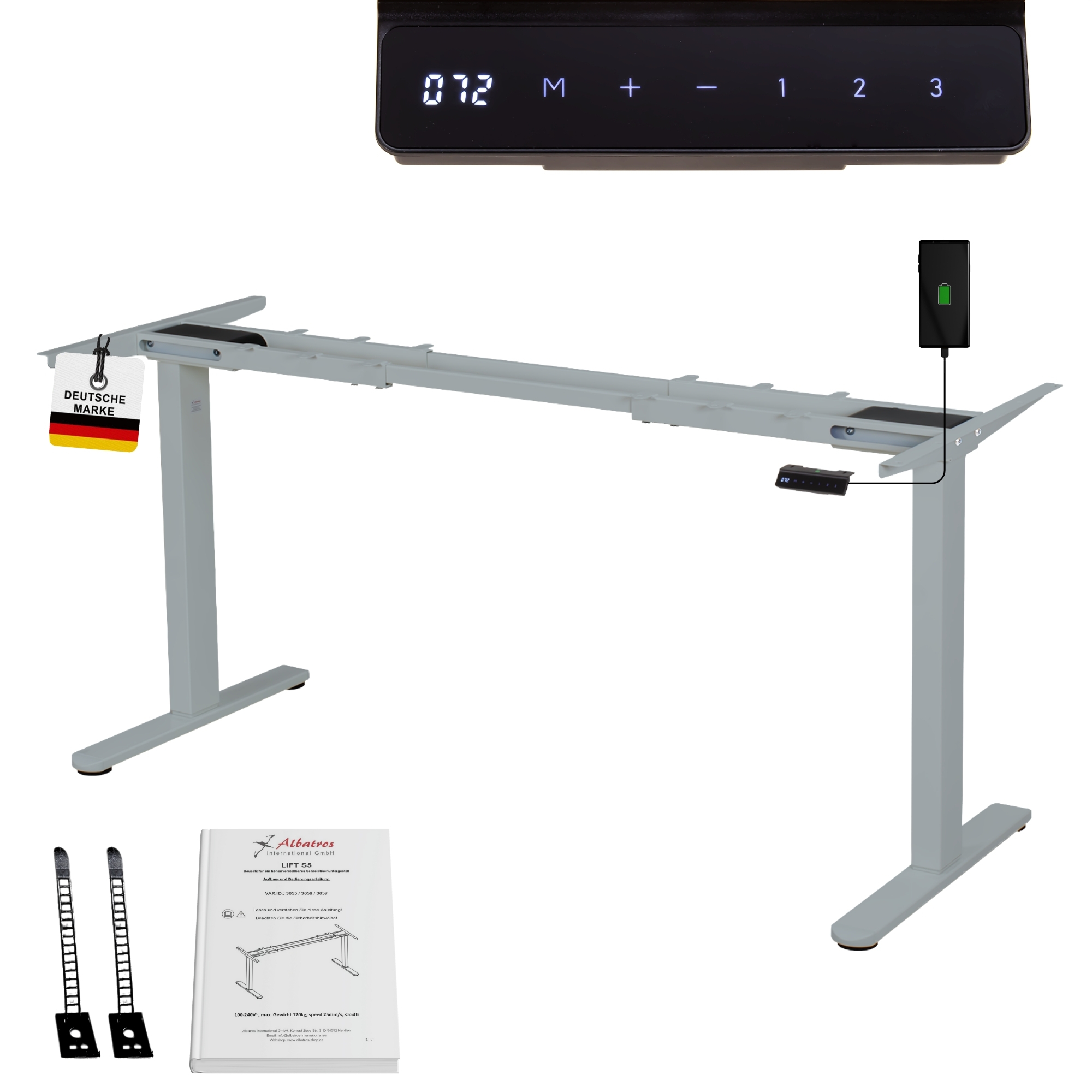Ein höhenverstellbarer Schreibtisch mit Zubehör. Enthält Bedienfeld, Netzteil, Anleitung und deutsche Markierung.