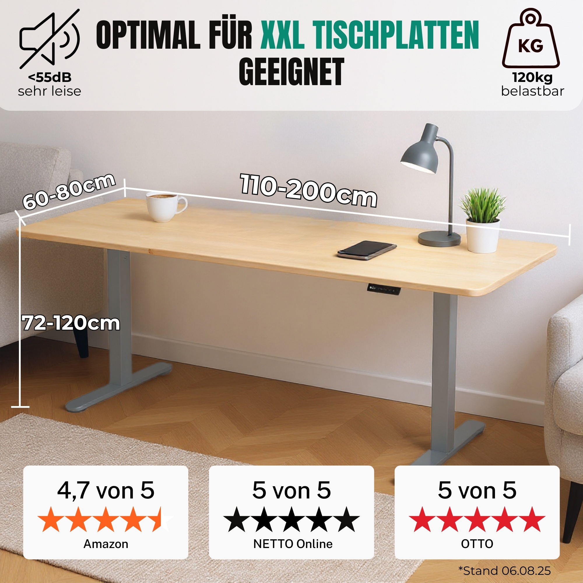Ein höhenverstellbarer Schreibtisch mit Holzplatte. Eine Lampe, eine Pflanze und ein Smartphone sind darauf. Abmessungen sind angegeben.