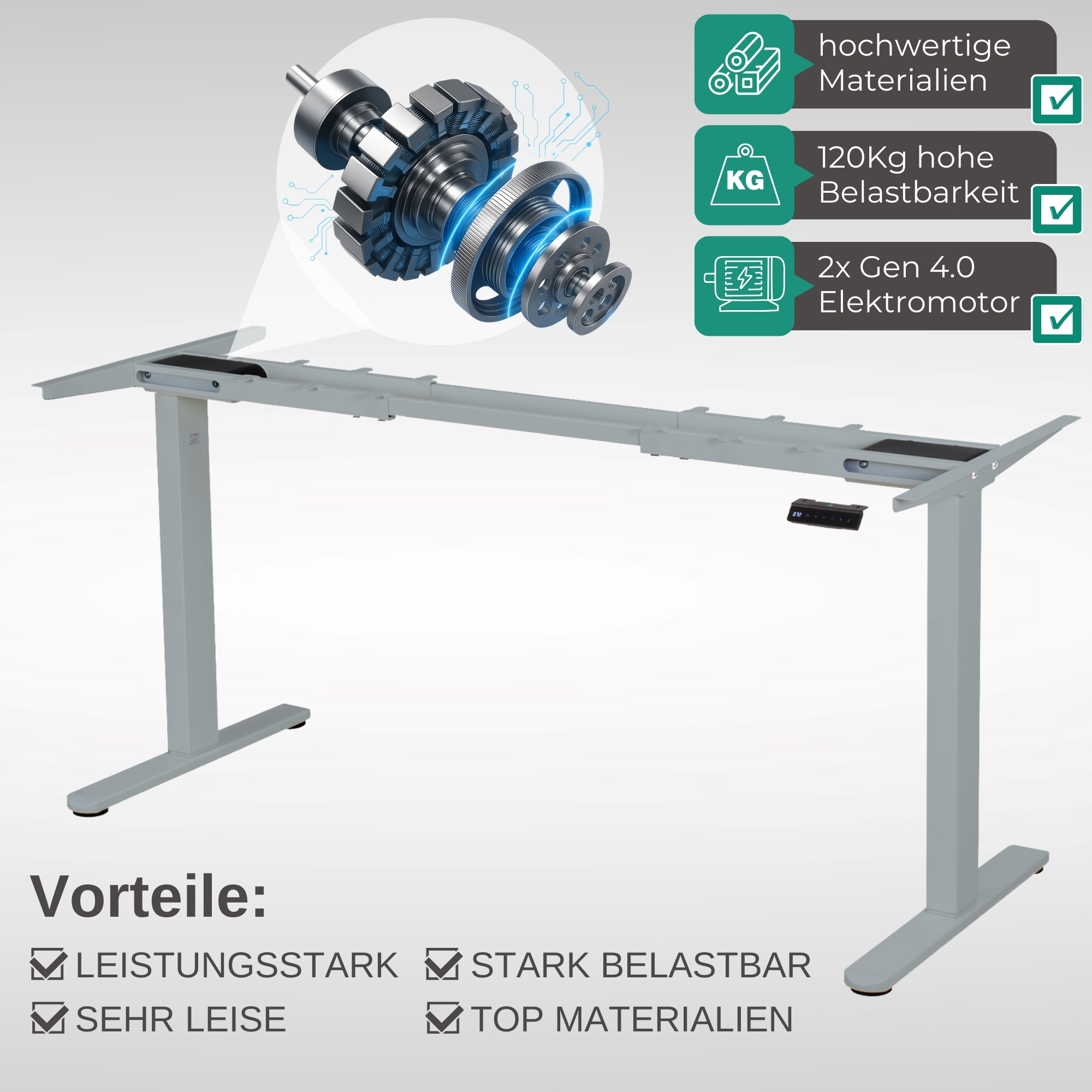 Ein höhenverstellbarer Schreibtisch mit detaillierter Abbildung seiner internen Komponenten. Text hebt Merkmale wie hochwertige Materialien hervor.