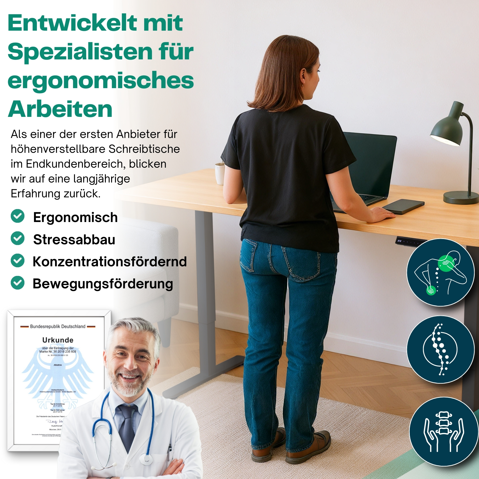 Eine Frau steht an einem höhenverstellbaren Schreibtisch. Text: 'ergonomisch' und 'Stressabbau'. Ein Arzt lächelt.