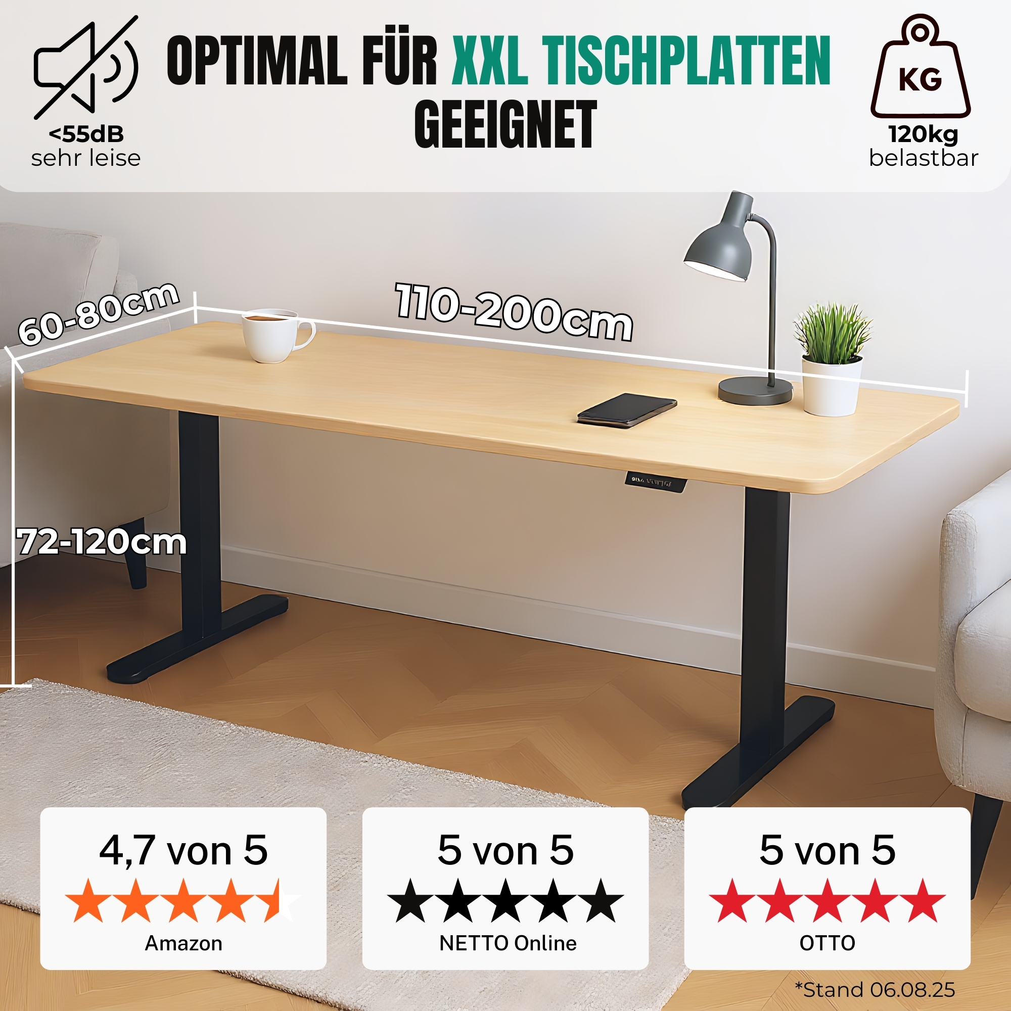 Höhenverstellbarer Schreibtisch mit Holzplatte, schwarzen Beinen und Lampe. Maße sind angezeigt. Bewertungen von Amazon, Netto Online und OTTO.