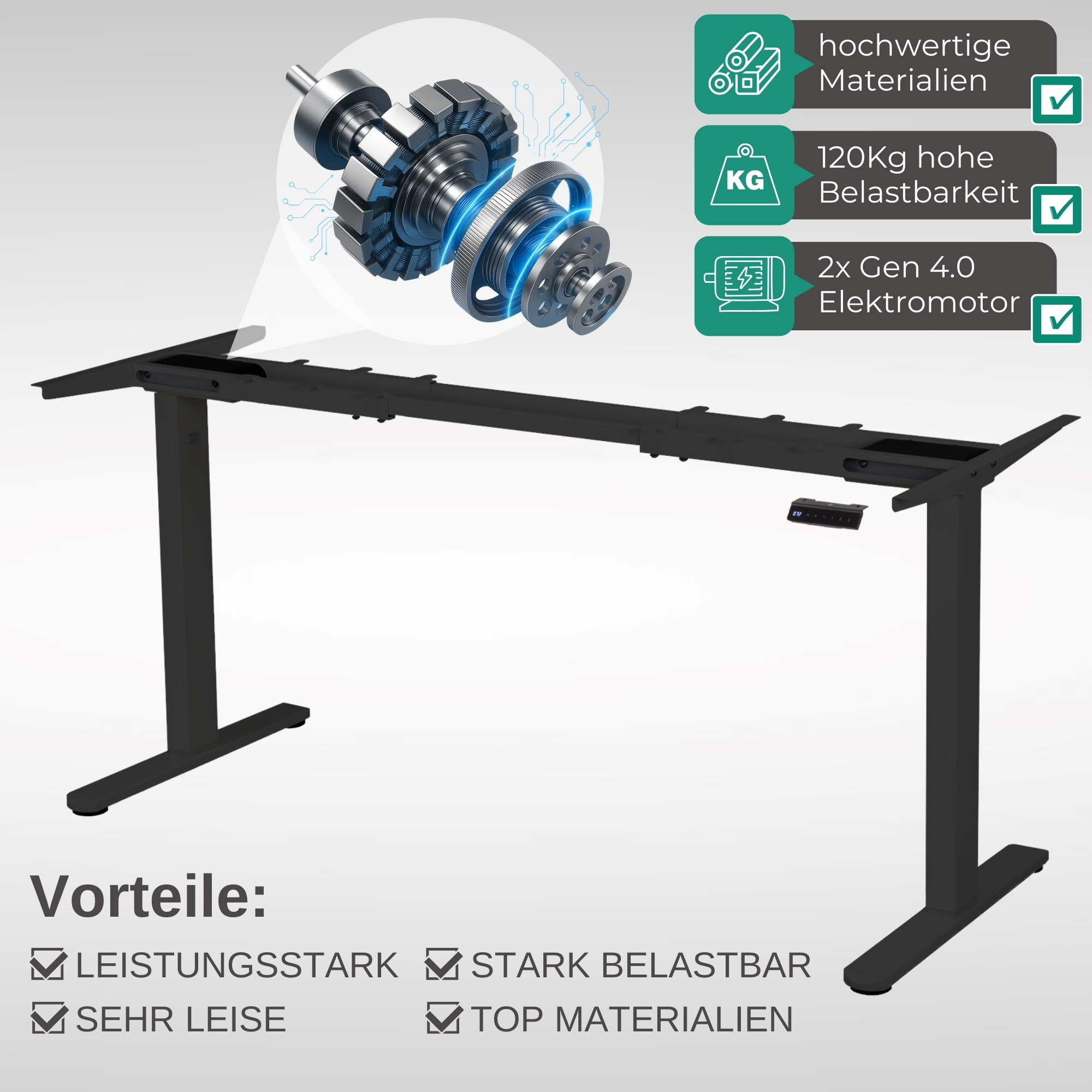 Schwarzer Stehtisch mit hervorgehobenen Merkmalen: hochwertige Materialien, 120 kg Tragfähigkeit, 2x Gen 4.0 Elektromotor.