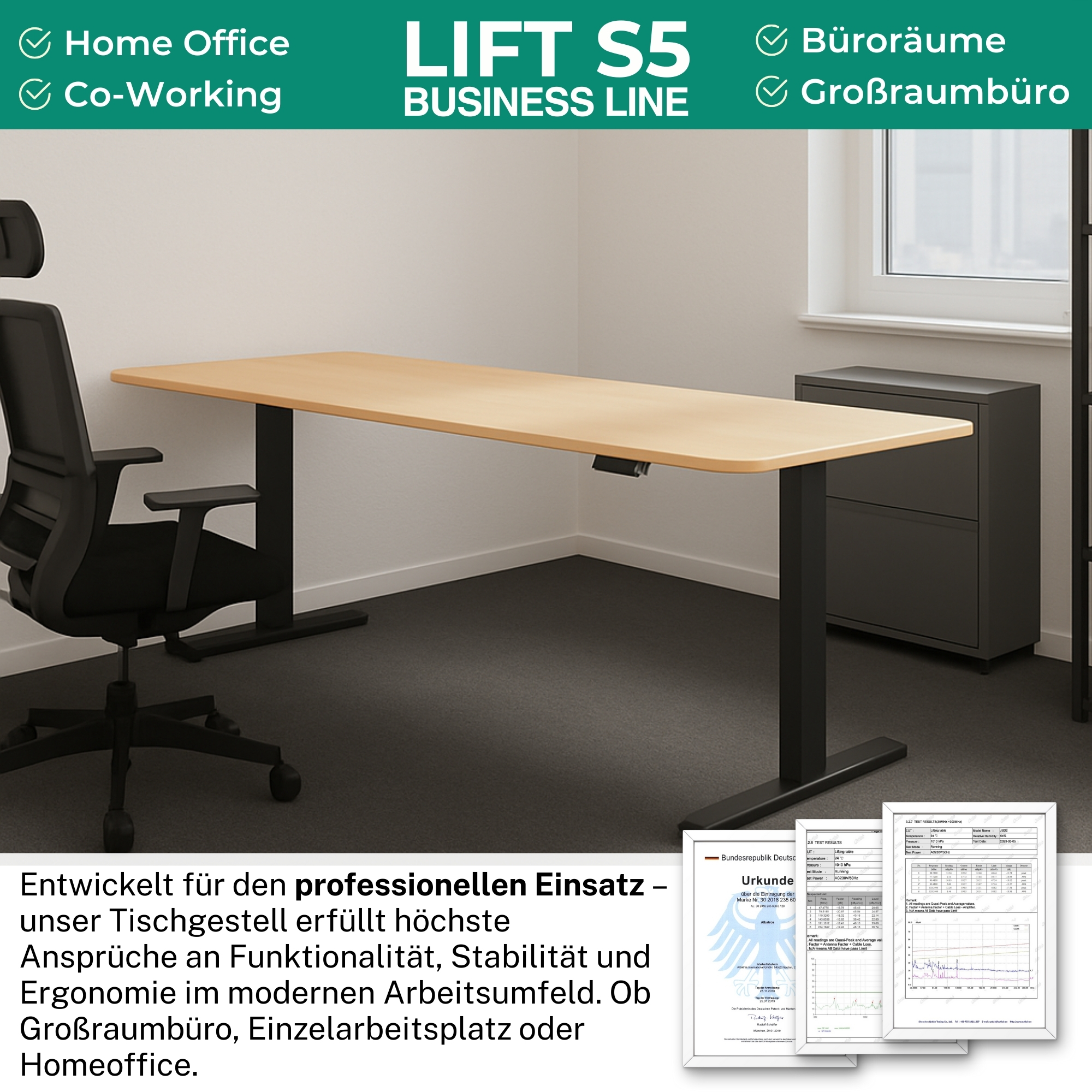 Ein höhenverstellbarer Schreibtisch in einem modernen Büro, mit schwarzem Stuhl und Aktenschrank, Dokumente im Vordergrund.