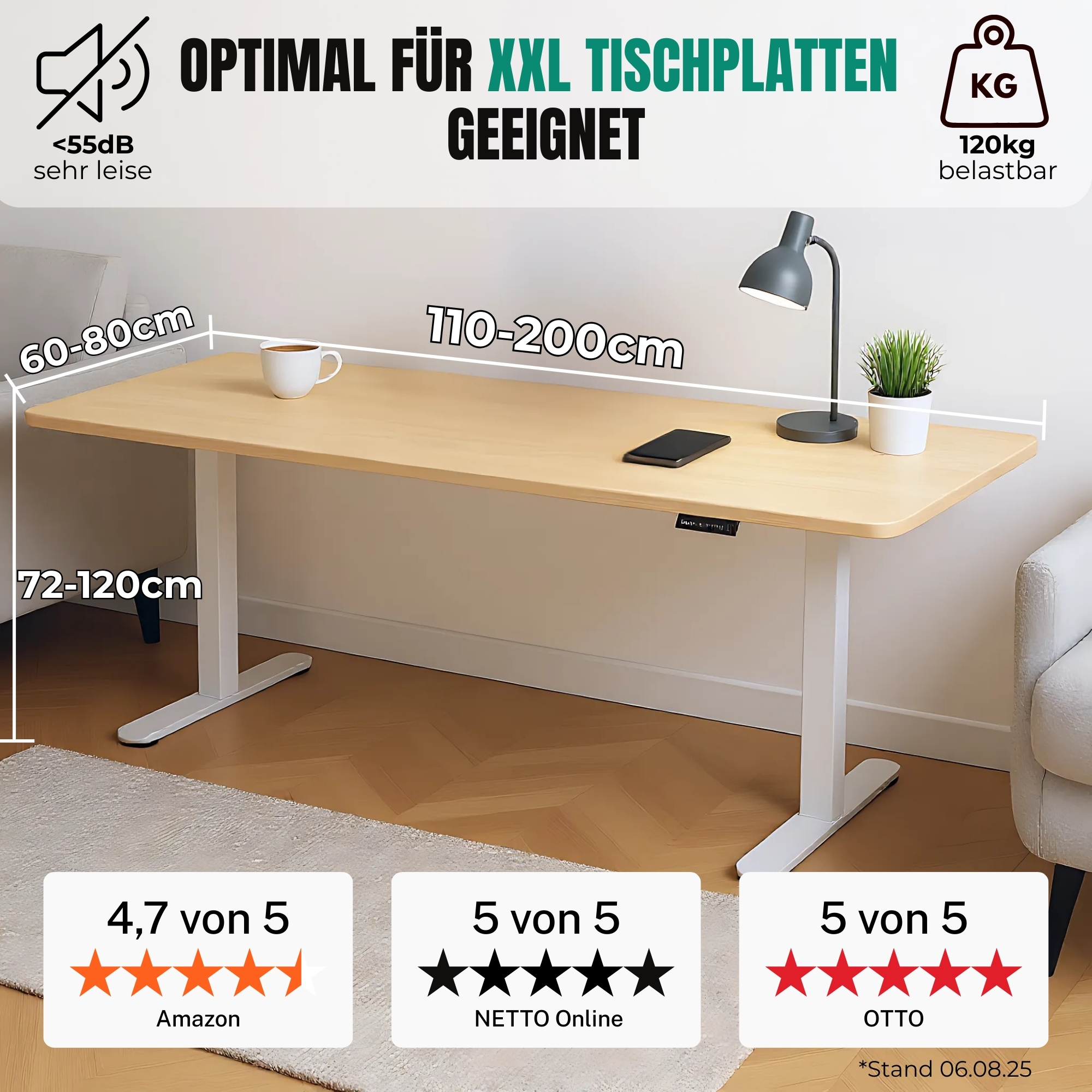 Ein höhenverstellbarer Schreibtisch mit Tasse, Lampe und Pflanze. Abmessungen und Kundenbewertungen werden angezeigt.