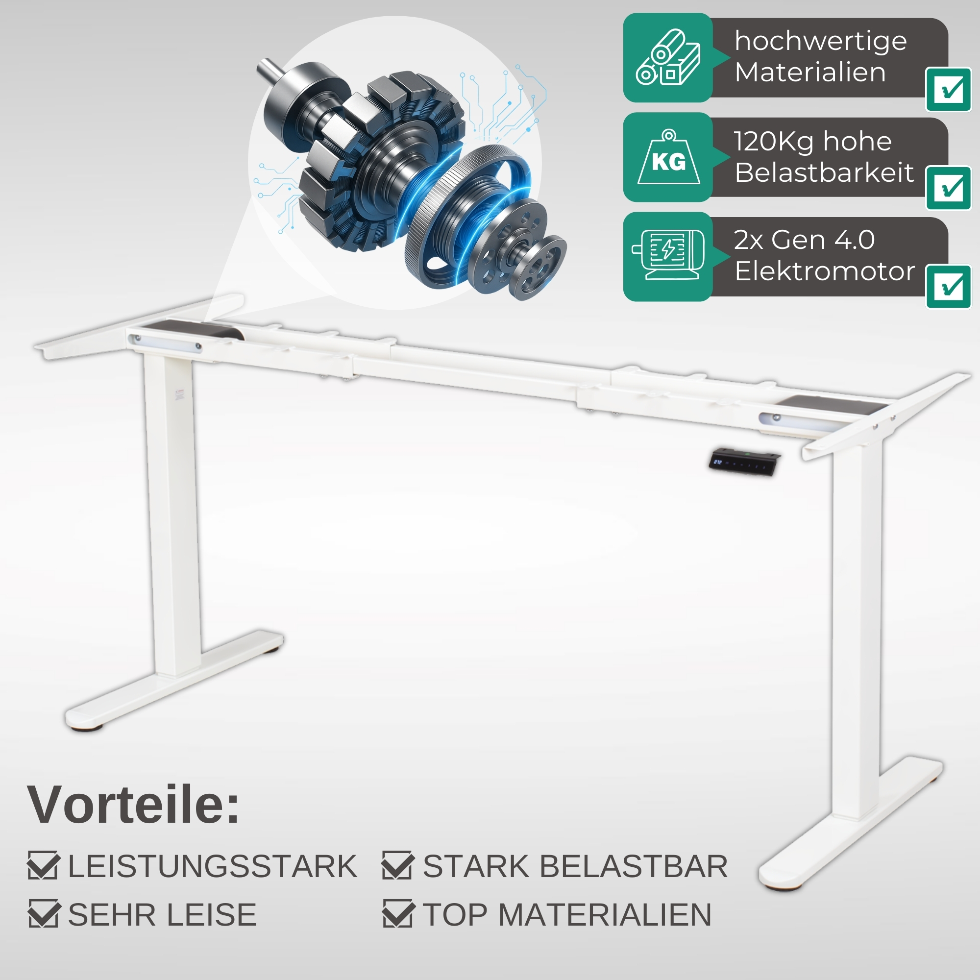 Weißer höhenverstellbarer Schreibtisch mit mechanischer Teile-Illustration, Merkmale: hochwertige Materialien, 120 kg Tragfähigkeit, 2x Gen 4.0 Motor.
