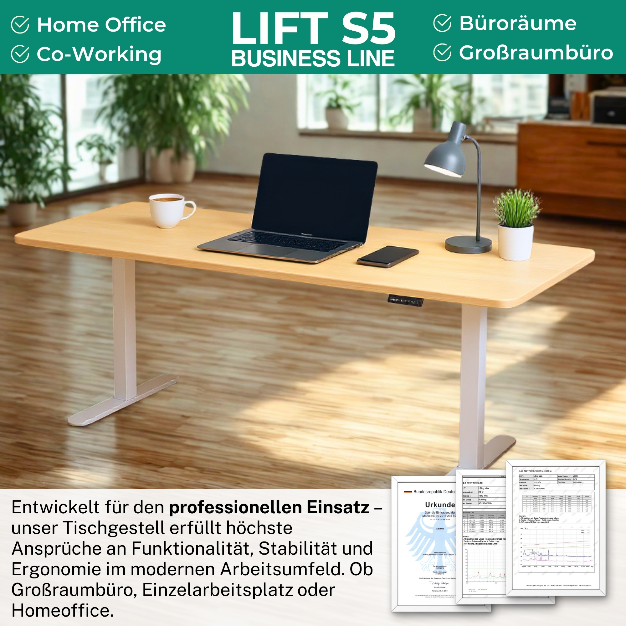Ein moderner Bürotisch mit Laptop, Telefon, Lampe und Pflanze. Dokumente liegen vor dem Schreibtisch.