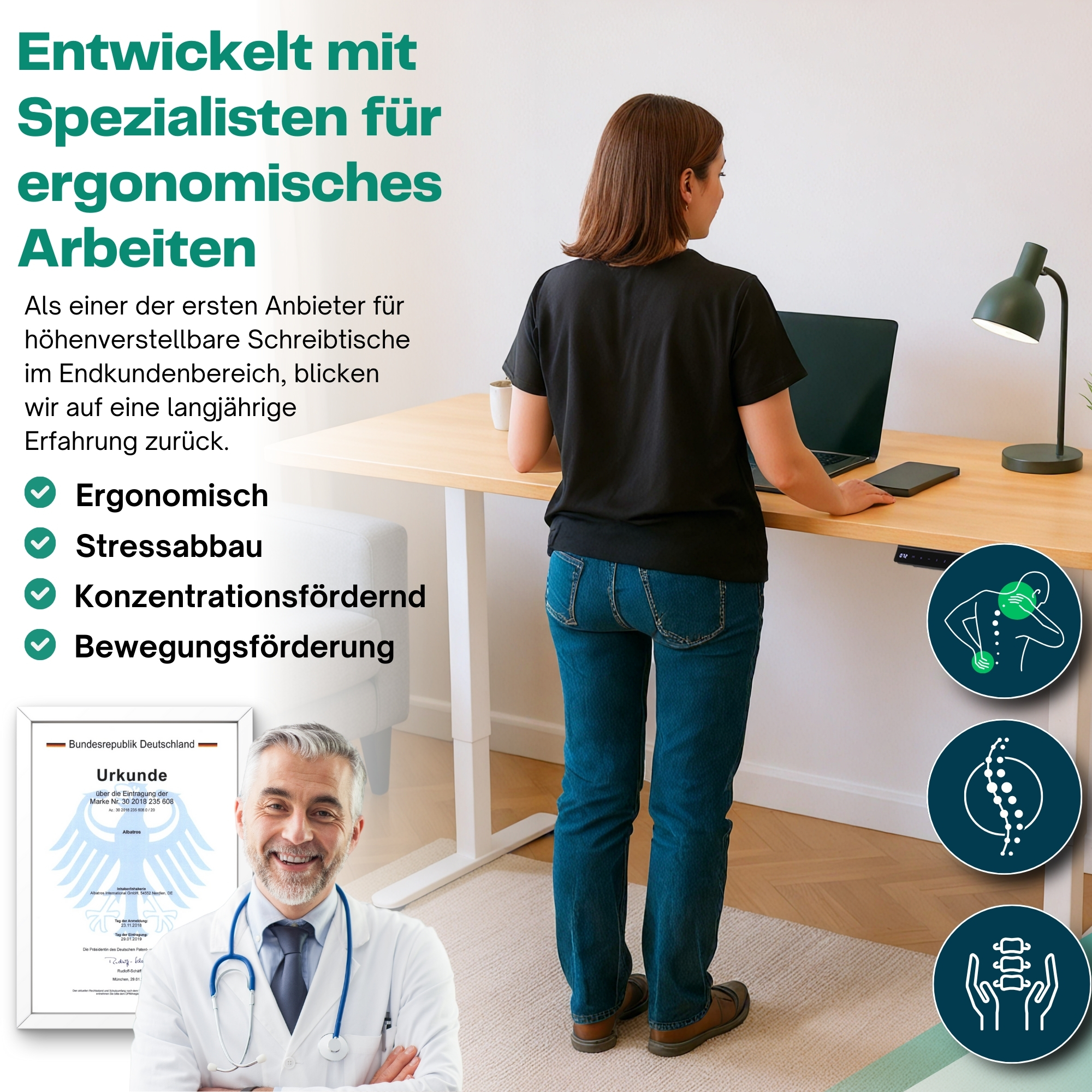Frau am Stehpult. Text: Ergonomisches Arbeiten. Arzt mit Zertifikat. Symbole rechts: Rücken, Wirbelsäule und Hände.