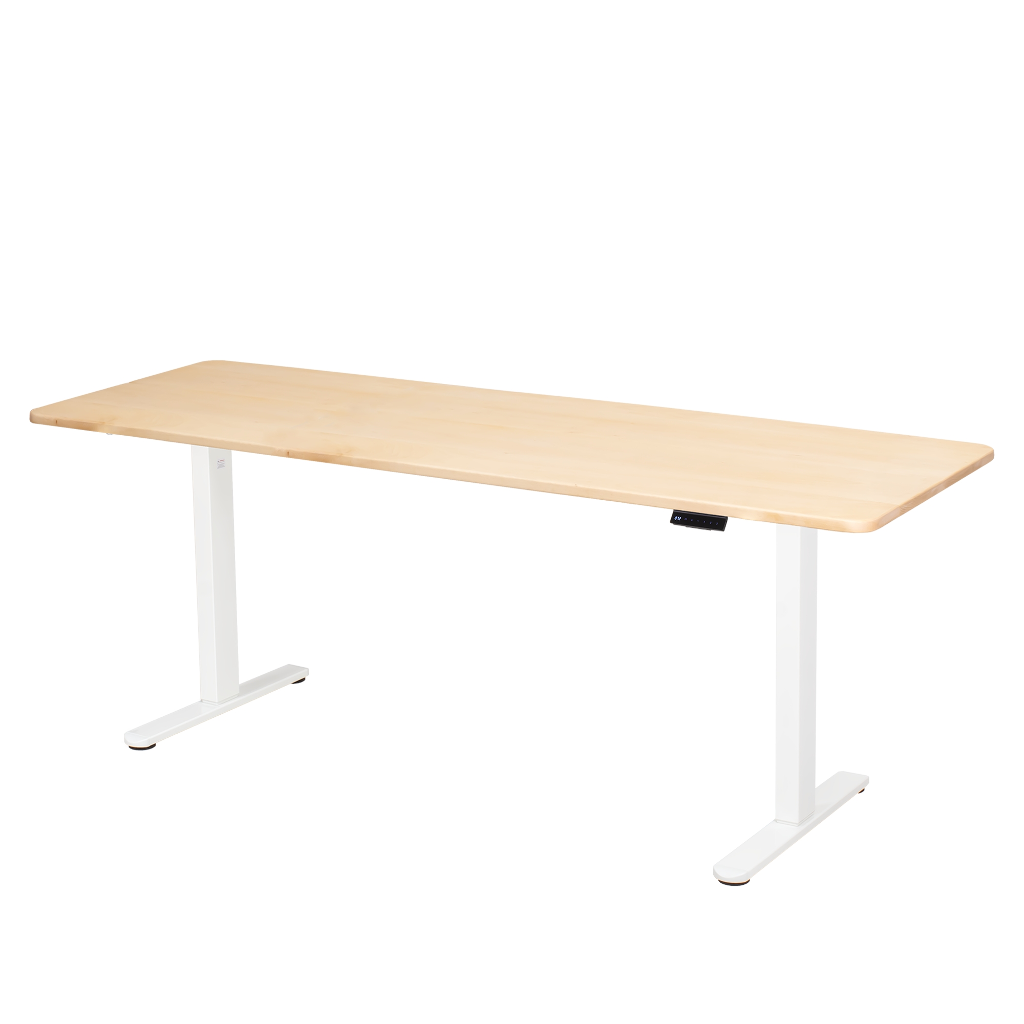Ein rechteckiger Schreibtisch aus hellem Holz mit weißen Beinen. Der Schreibtisch steht auf weißem Grund.
