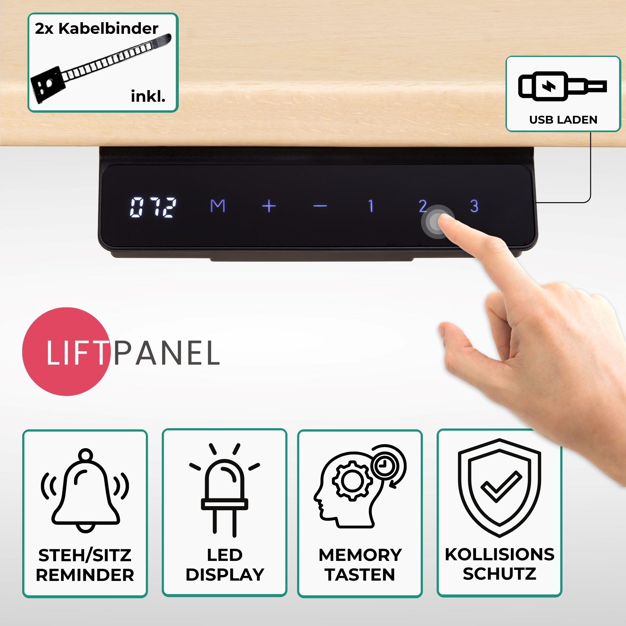 Eine Hand drückt Taste 2 auf einem schwarzen Bedienfeld. Symbole zeigen Funktionen wie LED-Anzeige und Kollisionsschutz.