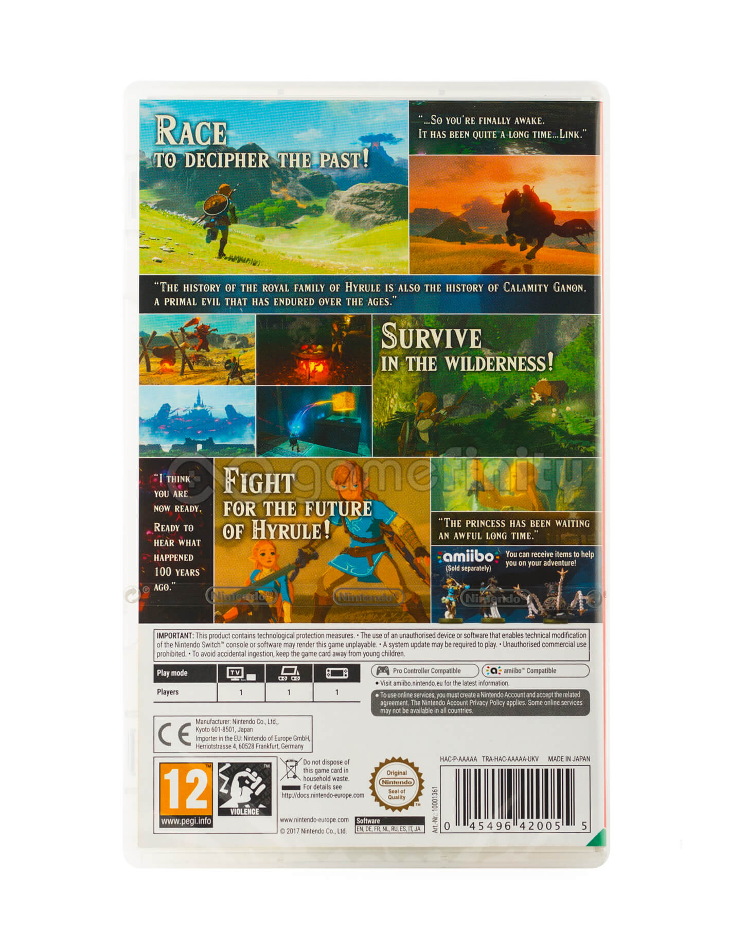Copertina del gioco 'The Legend of Zelda: Breath of the Wild'. Mostra Link a cavallo e una scena paesaggistica.
