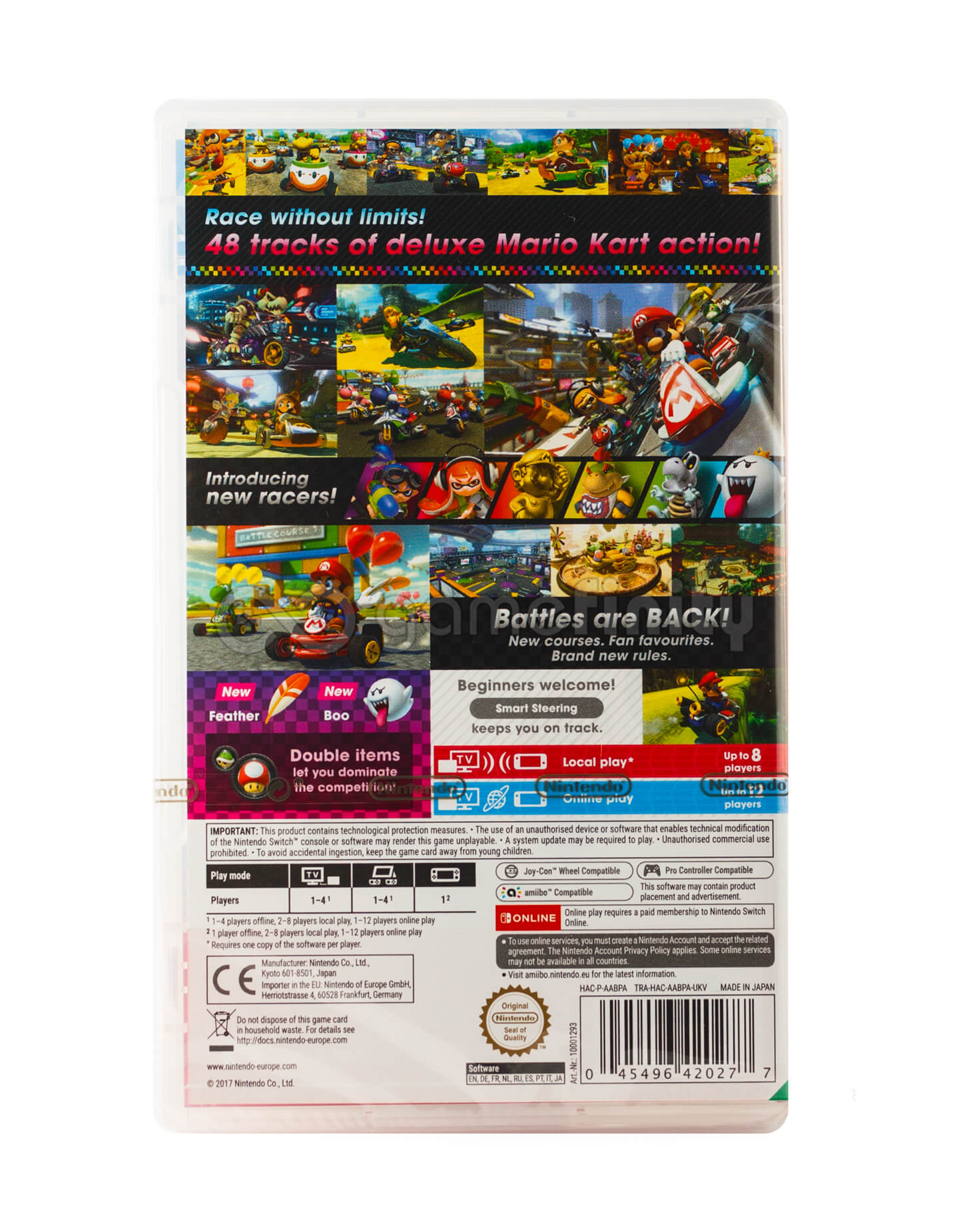 Mario Kart-Spielbox. Charaktere rasen, Titel lautet 'Race without limits!'. Symbole für Spielmodi und Funktionen sind vorhanden.