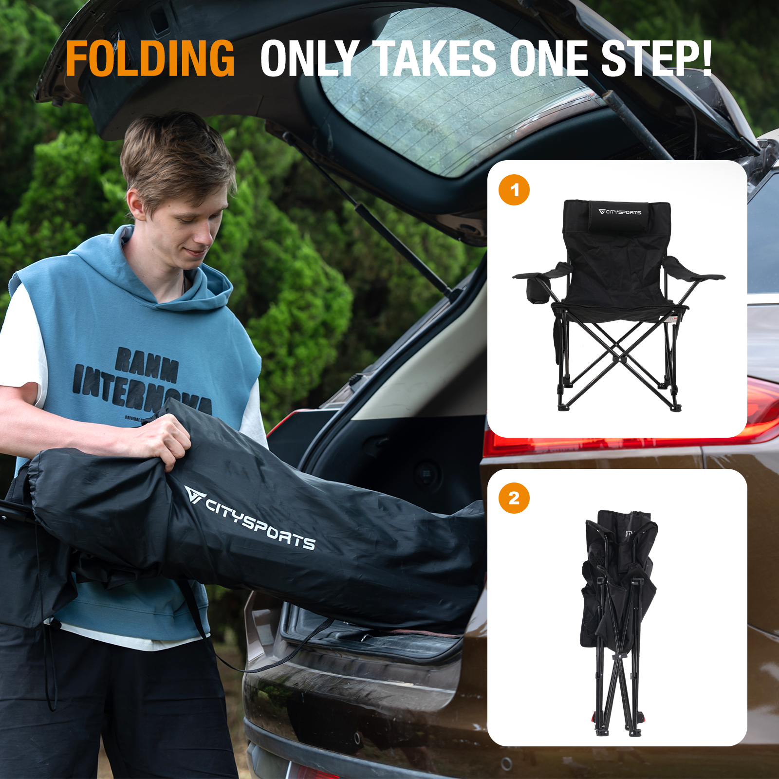 A man packing a black CitySports camping chair into a car. The chair is folded in the open trunk.