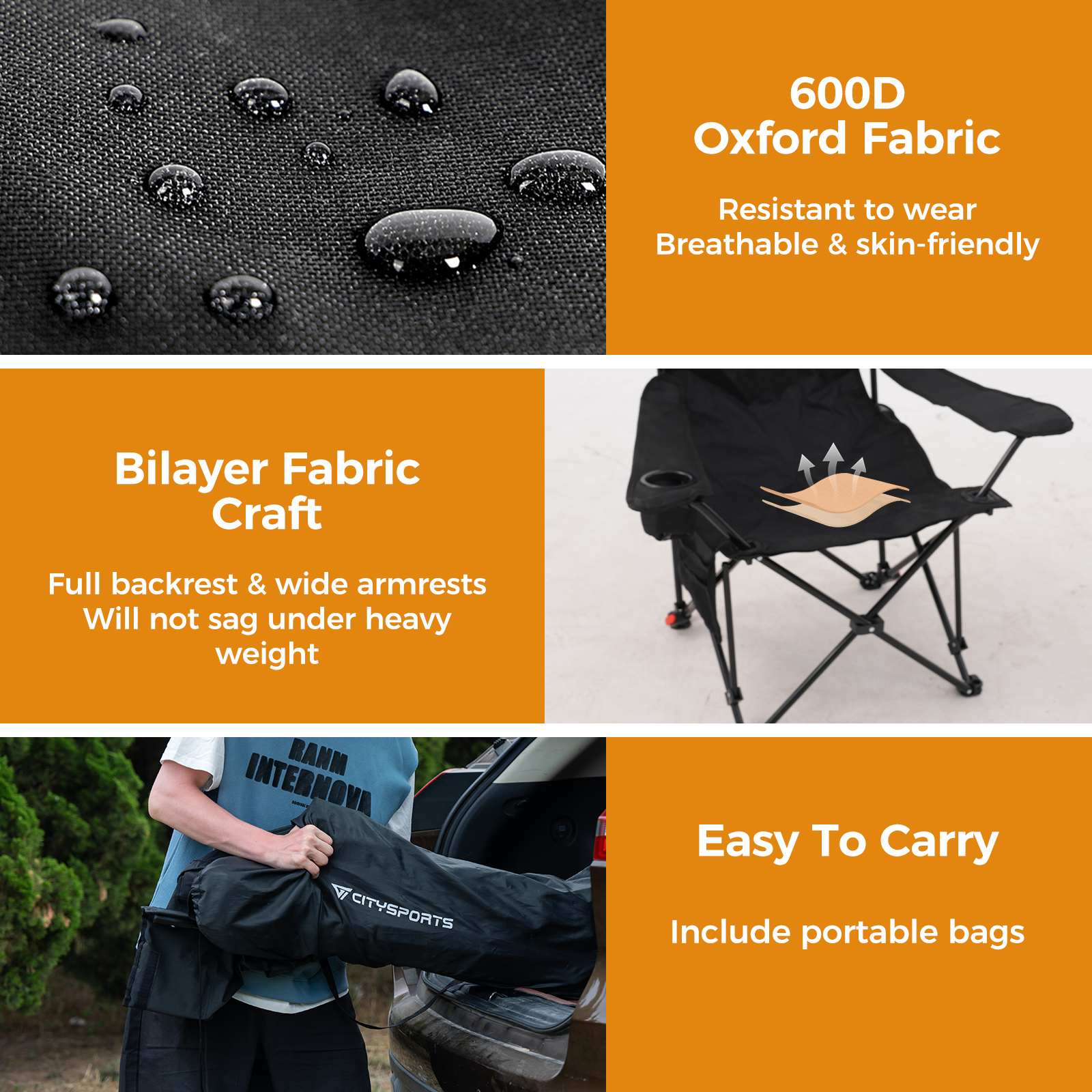 Image shows a black folding chair with a cup holder. It is made of 600D Oxford fabric and comes with a carrying bag.