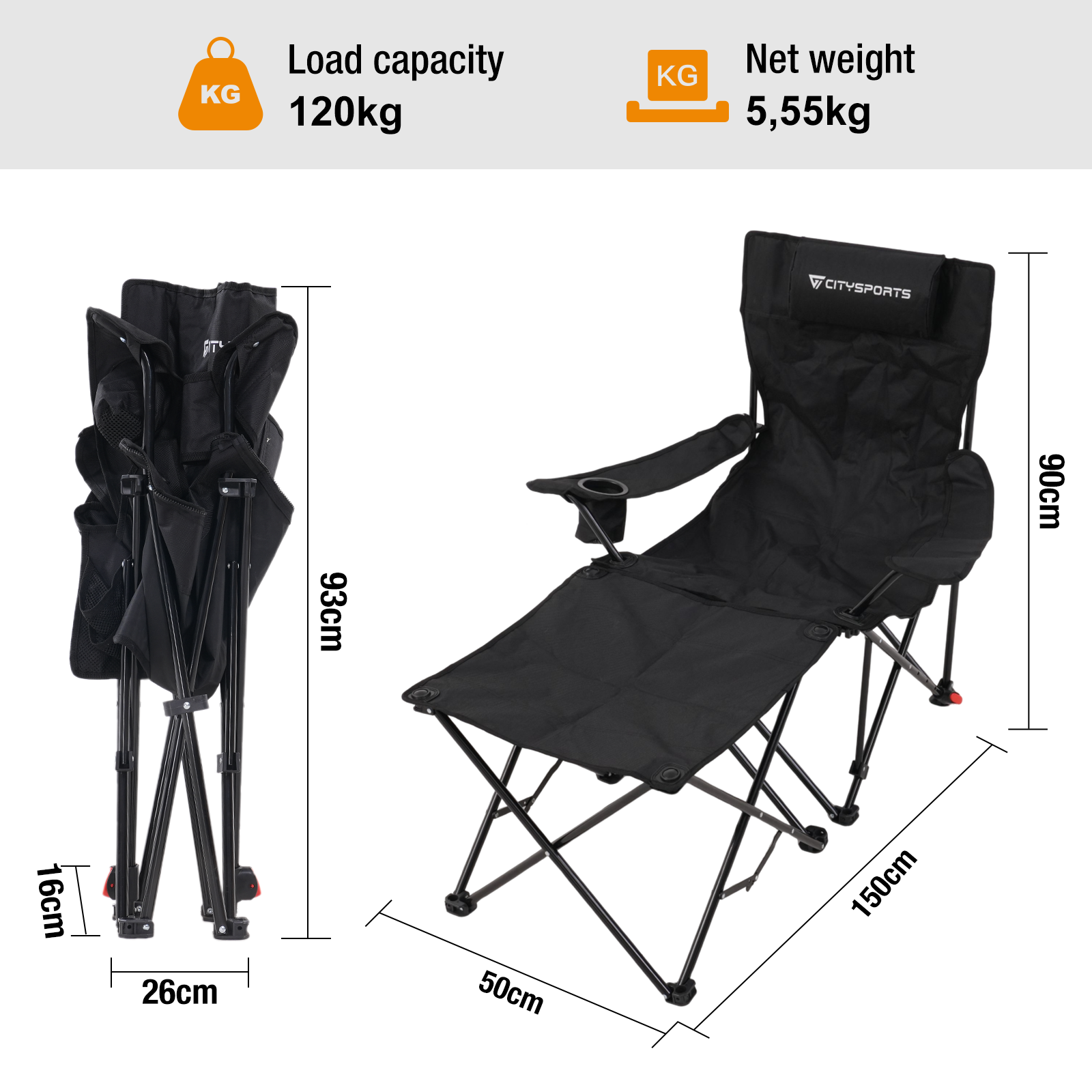 A black folding chair with a footrest and dimensions. Capacity 120kg, net weight 5.55kg. Brand CITYSPORTS.