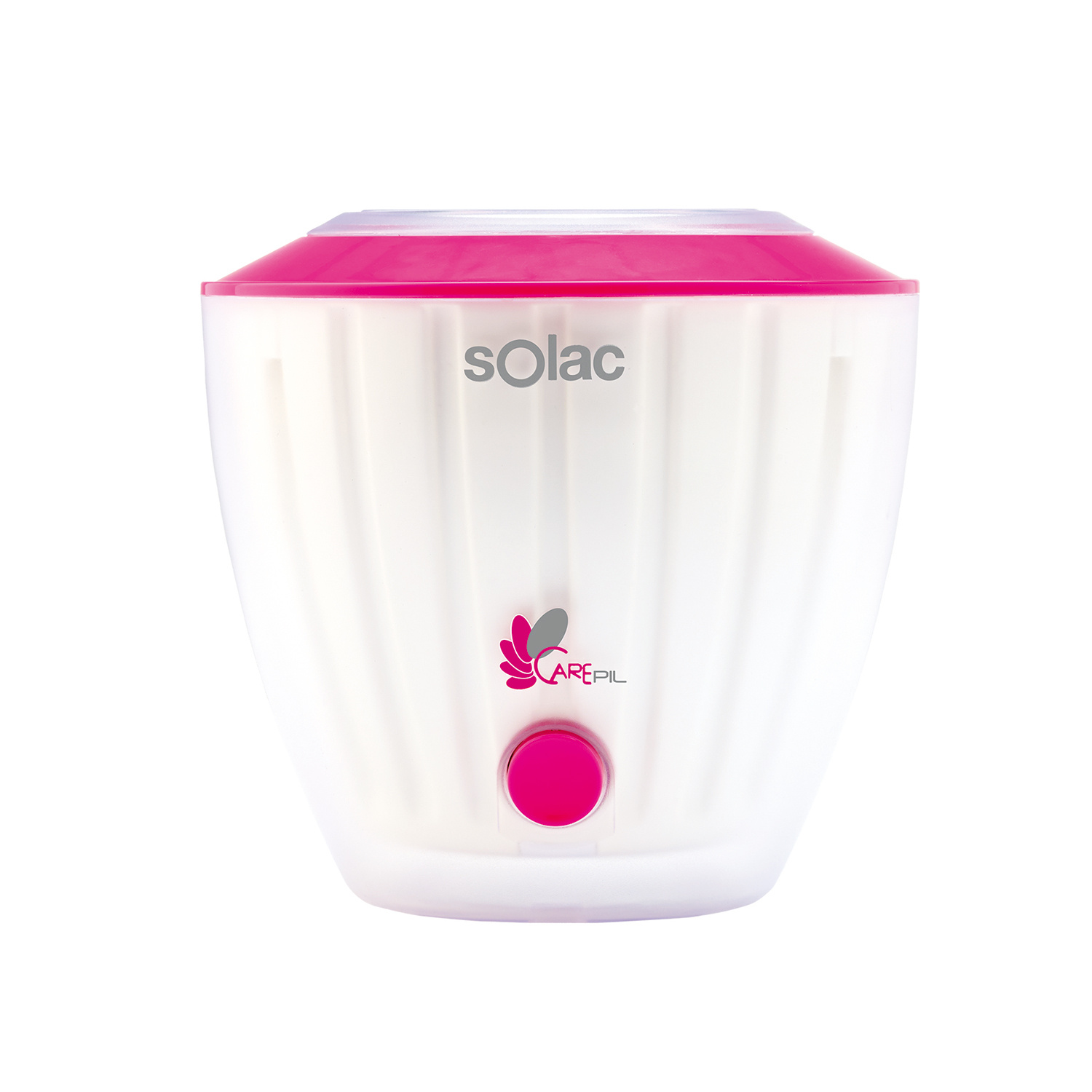 Ein weiß-rosa Solac Carepil Wachserhitzer. Er hat einen rosa Deckel und Knopf. Das Carepil-Logo und der Markenname sind sichtbar.