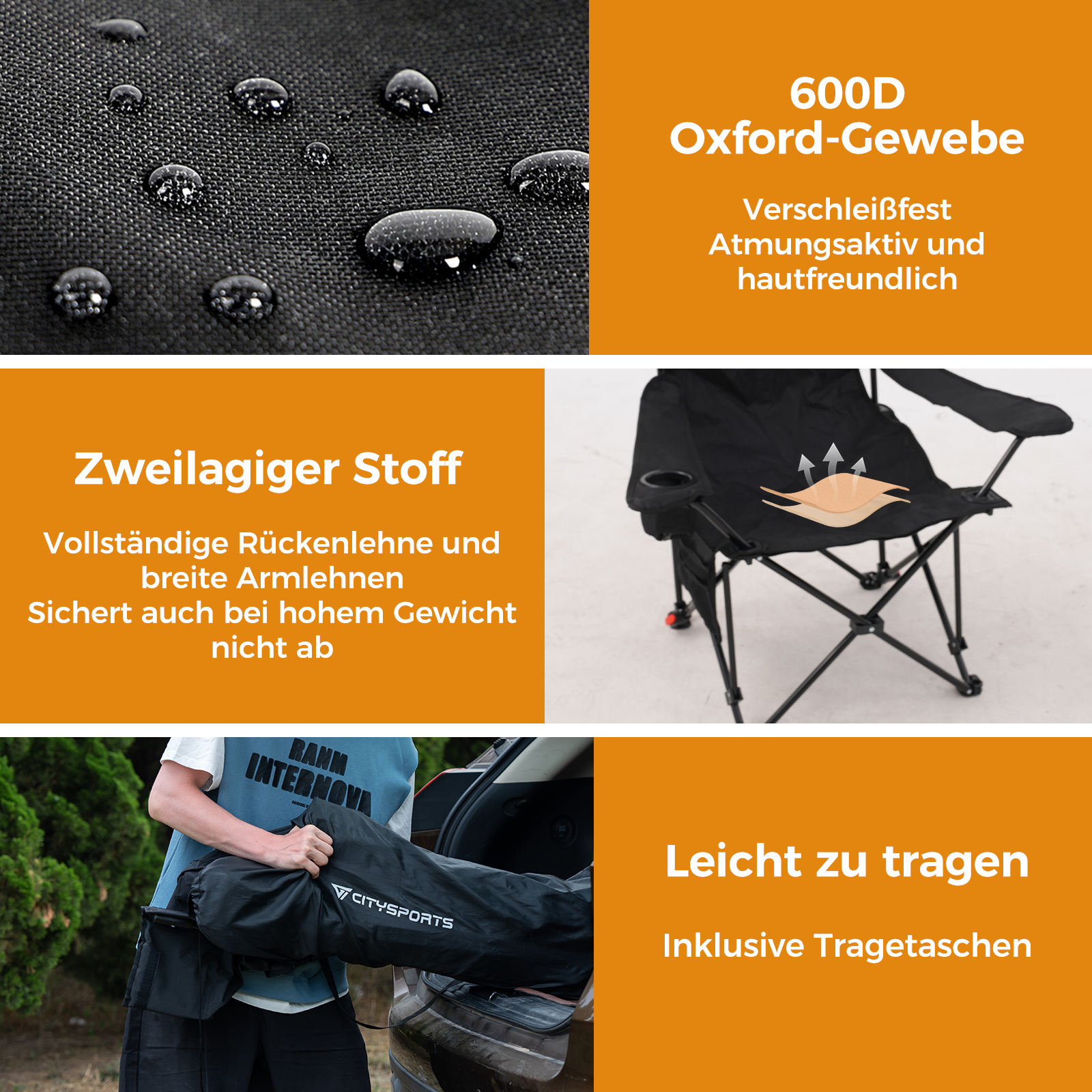 Das Bild zeigt einen schwarzen Campingstuhl mit Becherhalter, der in ein Auto gepackt wird. Der Stuhl wirkt robust und leicht zu tragen.