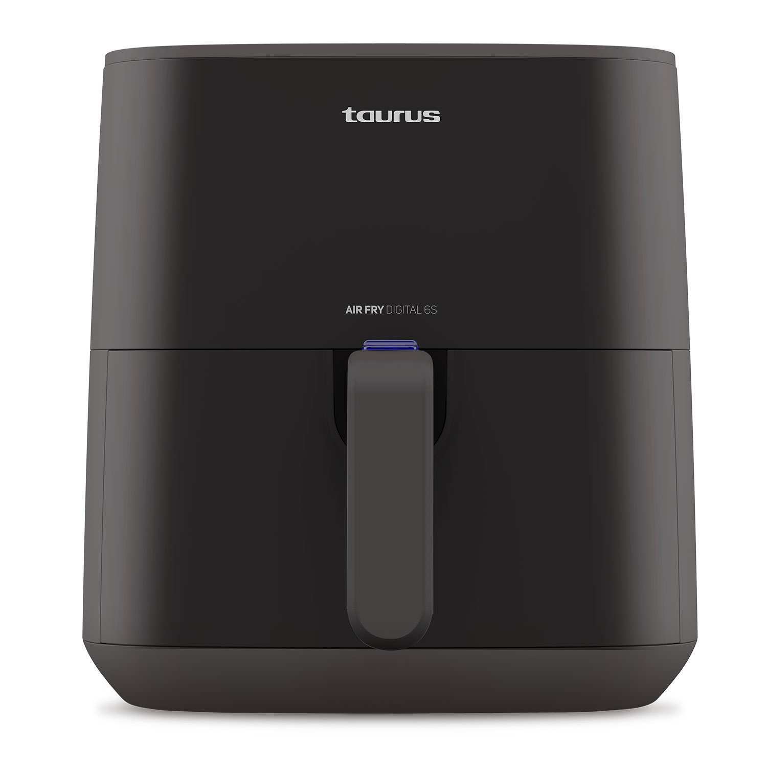 Una friggitrice ad aria Taurus nera, modello Digital 6S, su sfondo bianco. Ha una maniglia e il marchio è visibile.