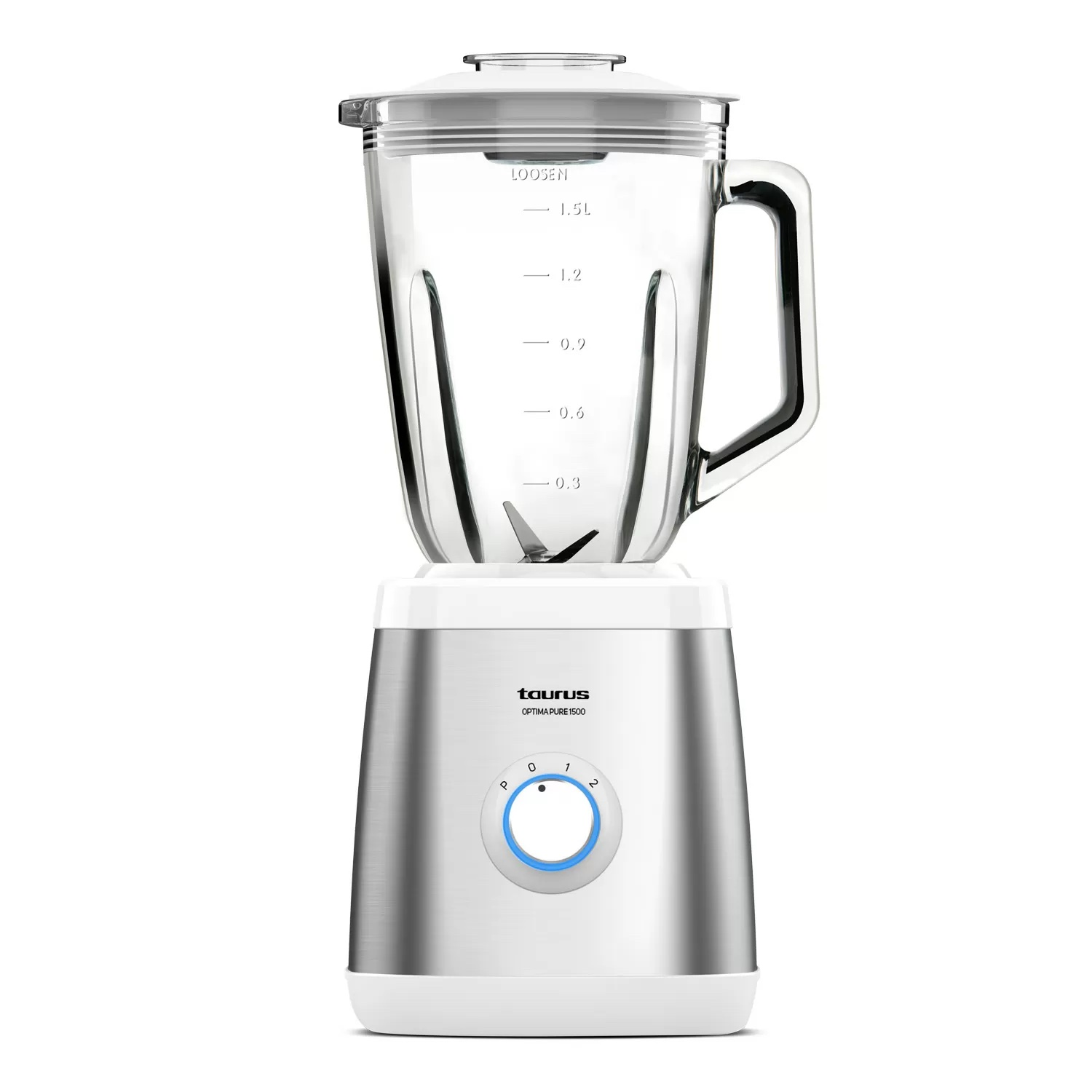 Una licuadora Taurus Optima Pure 1500 plateada y blanca. Tiene una jarra de vidrio con medidas y una tapa blanca. La base tiene un dial.