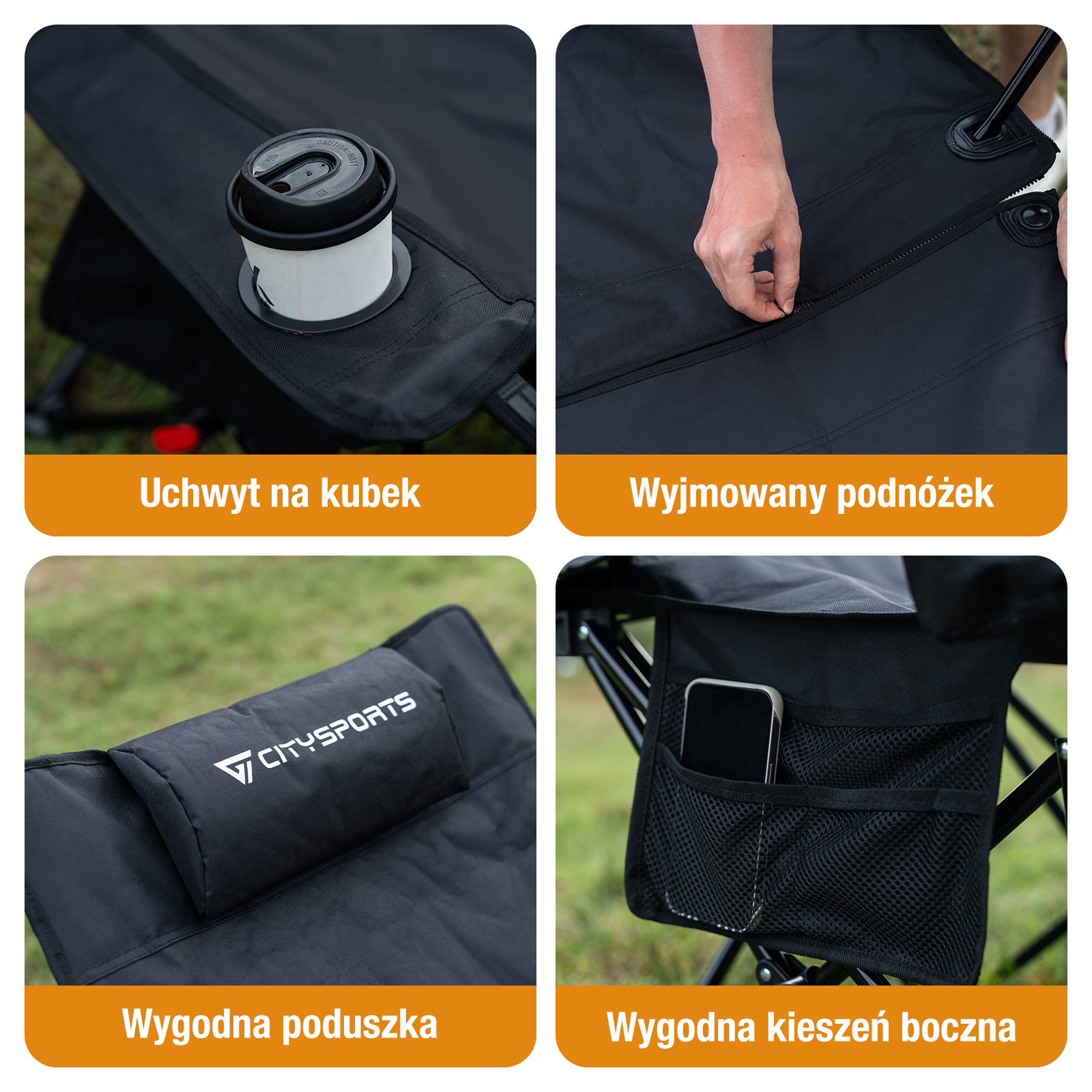 Cztery zdjęcia przedstawiają czarne krzesło kempingowe z uchwytem na kubek, odpinanym podnóżkiem, poduszką i boczną kieszenią.