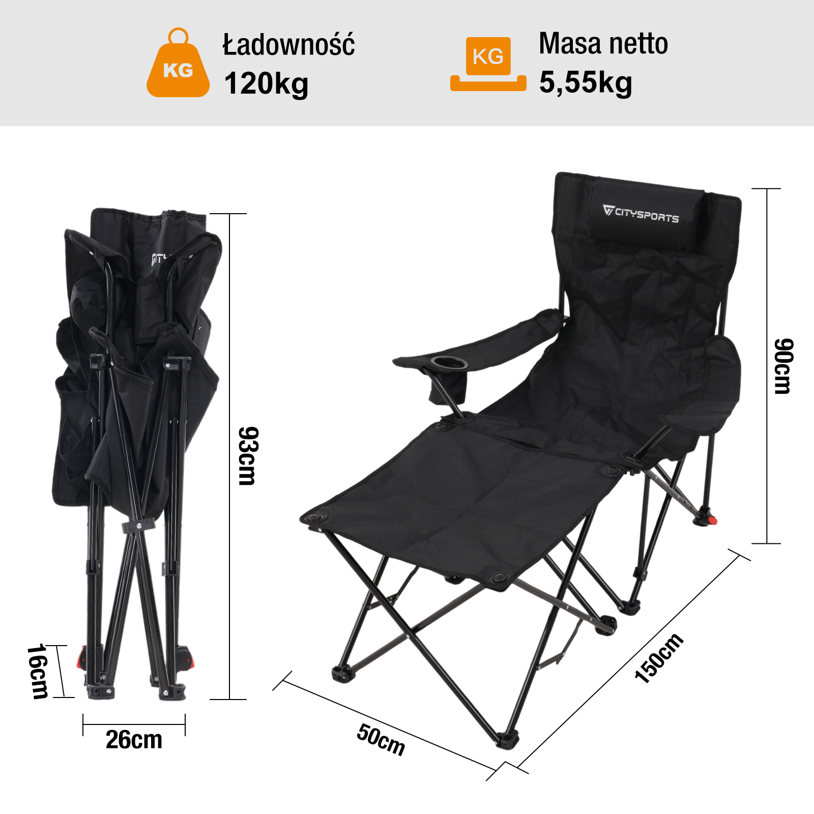 Czarny składany fotel z podnóżkiem i podłokietnikami, wymiary pokazane. Złożony fotel po lewej. Etykiety pokazują nośność i wagę.