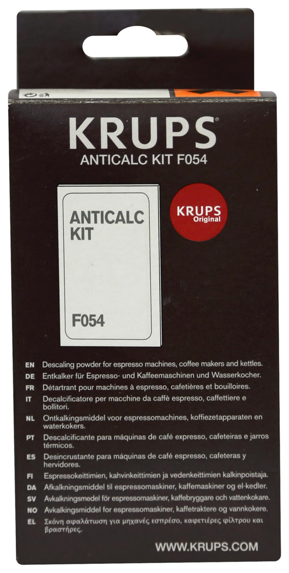 Scatola Krups Anticalc Kit F054. La scatola è marrone scuro con testo bianco e un cerchio rosso con il logo Krups.