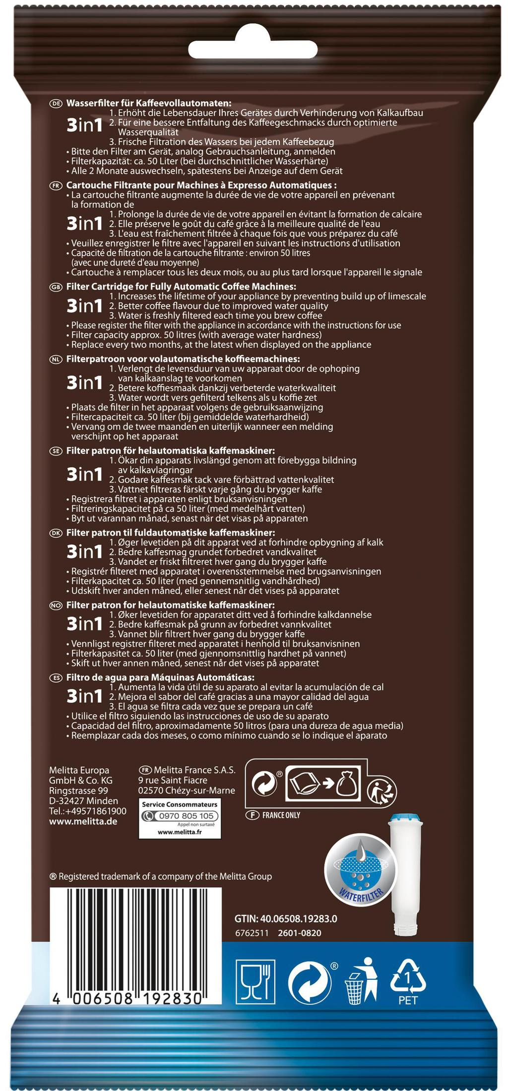 Eine Melitta-Wasserfilterverpackung. Text in mehreren Sprachen beschreibt die Funktion für Kaffeemaschinen.