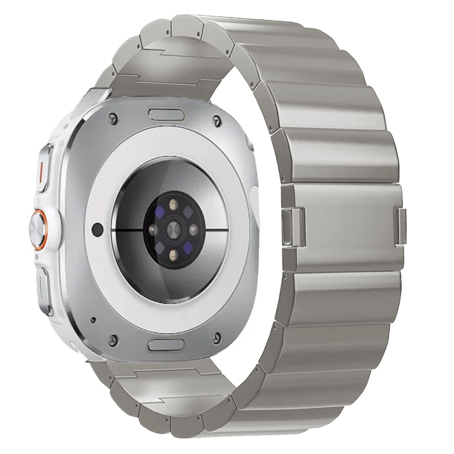 Eine silberne Smartwatch mit Metallband. Die Rückseite der Uhr ist sichtbar und zeigt Sensoren und ein kreisförmiges Design.